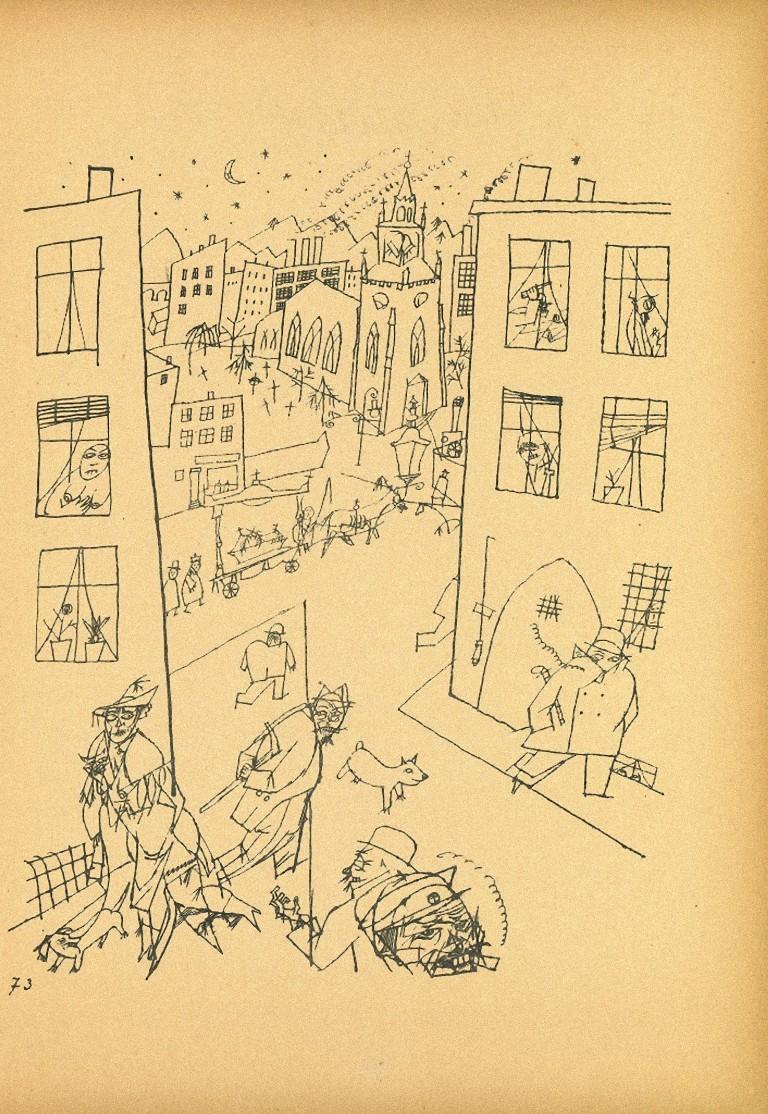 Suburb from Ecce Homo is an original offset lithograph, realized by George Grosz.

The artwork is the plate n. 73 from the porfolio Ecce Homo published between 1922/1923,edition of Der Malik-Verlag Berli, that includes offset lithograph
