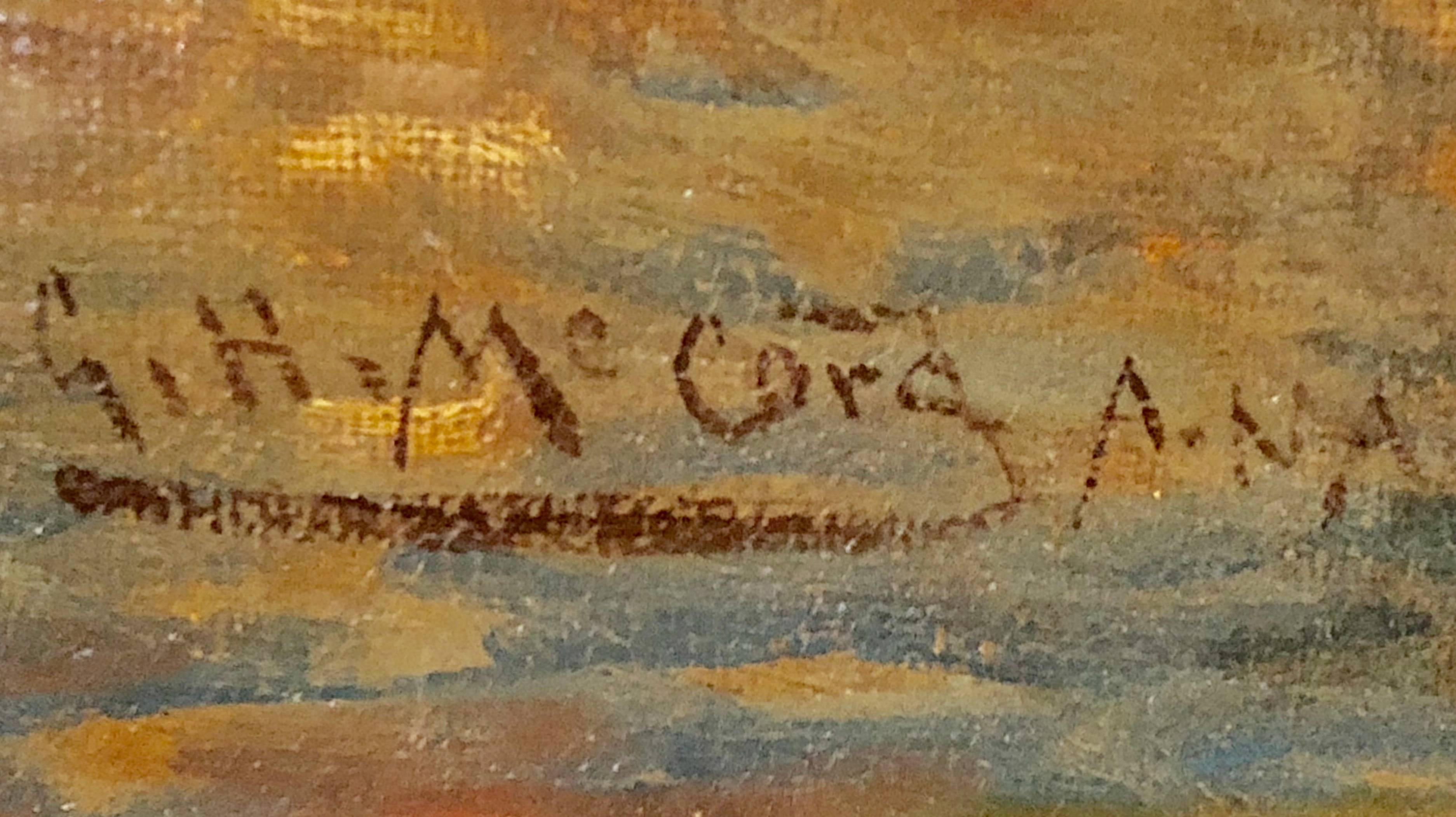George H McCord 19th century oil on canvas in custom gilt American frame signed. Unframed measurements are 30 x 20.5.
George McCord was an American painter, known for atmospheric marine and landscape paintings in oil, pastel and watercolor and for