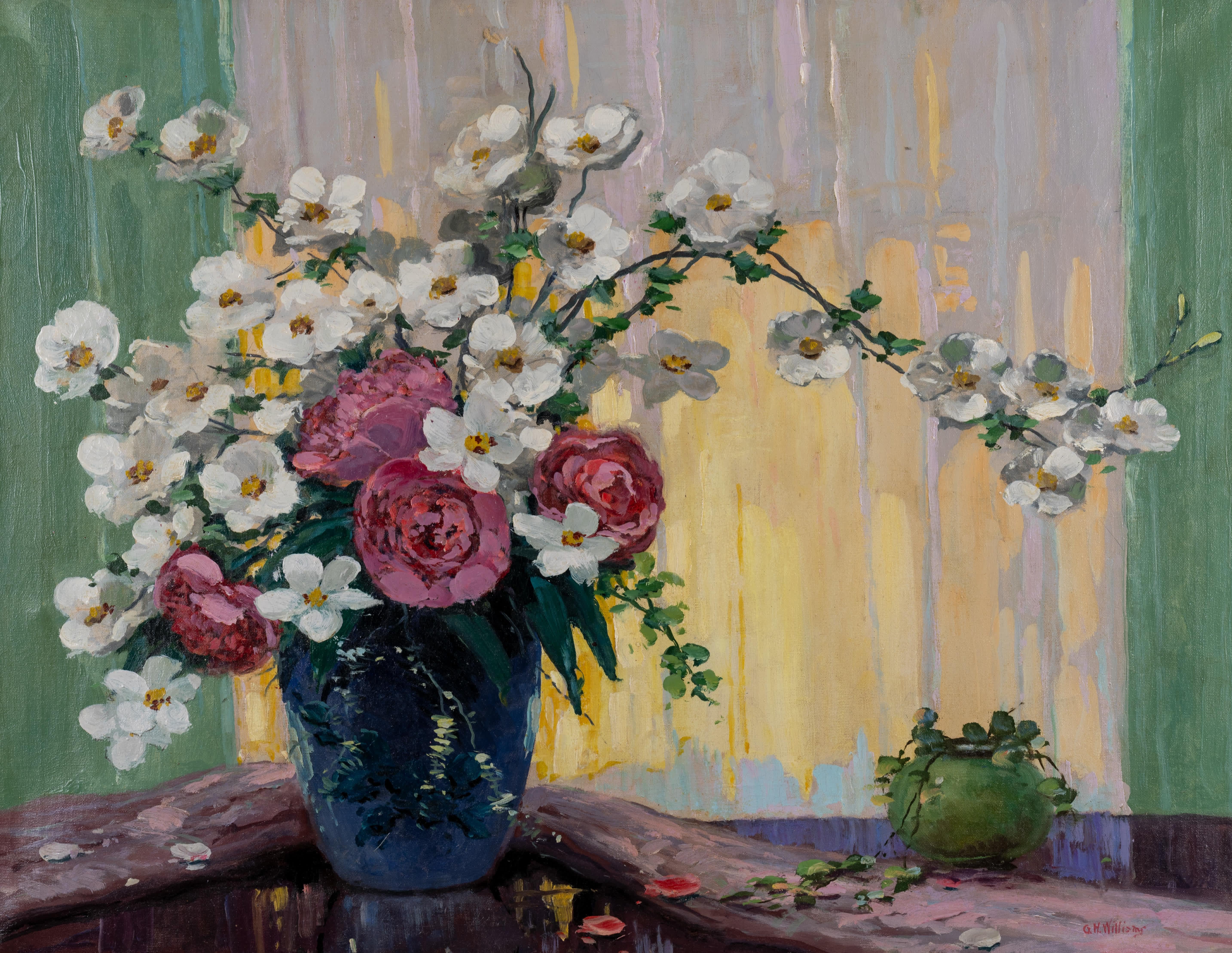 Natura morta con fiori rosa e bianchi - Painting di George H. Williams