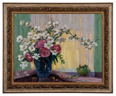 Bodegón con flores rosas y blancas