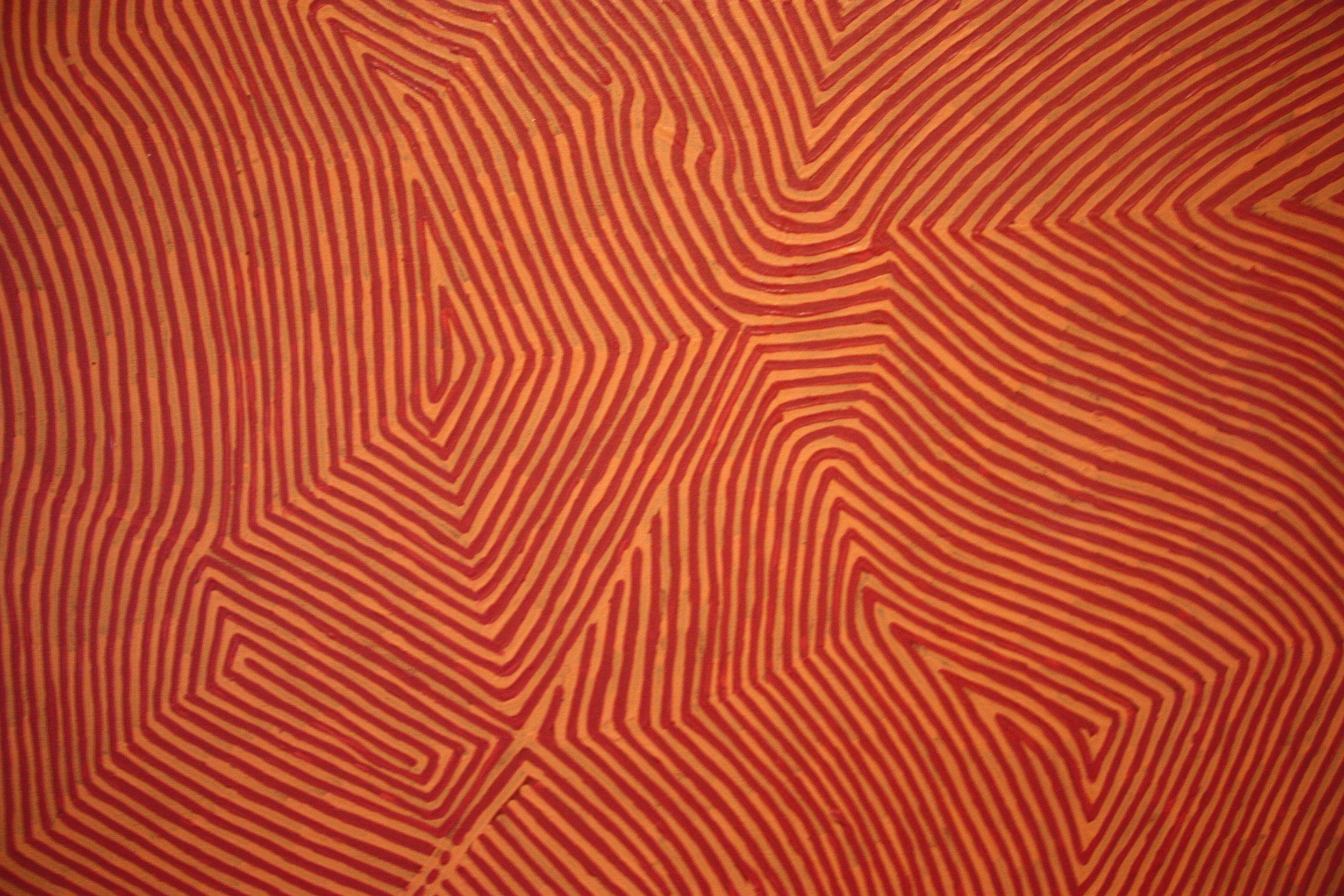 George Hairbrush Tjungarrayi was born around 1943 in his country North West of Kiwirrkurra, located in the Gibson Desert in Western Australia. George's 'sisters' are Naata Nungurrayi and Nganngi (Nancy) Nungurrayi, both well-known artists like