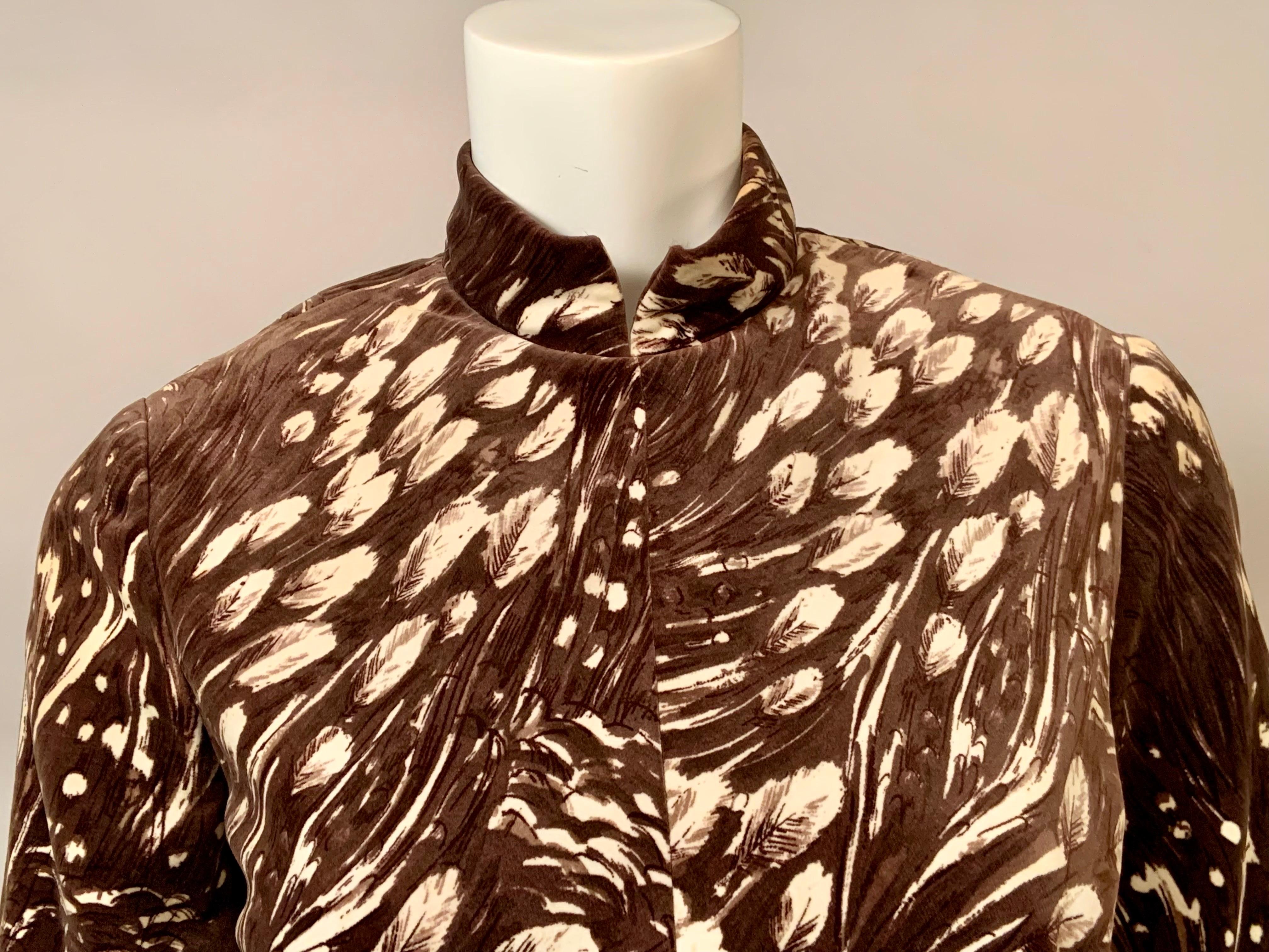 George Halley Vestido de noche de terciopelo con estampado de plumas color café y crema Negro en venta