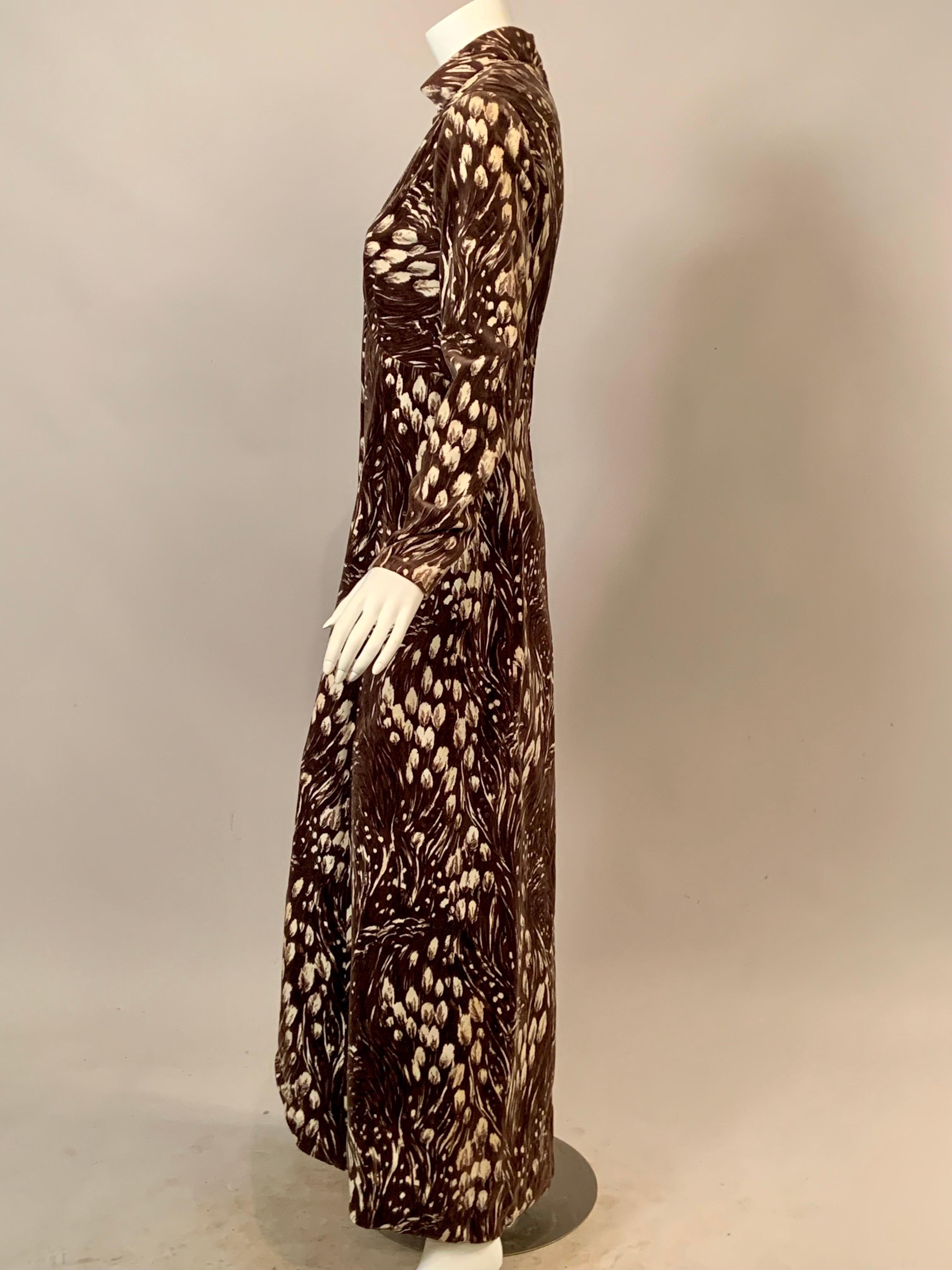 George Halley Coffee and Cream Colored Feather Printed Velvet Evening Dress For Sale 1