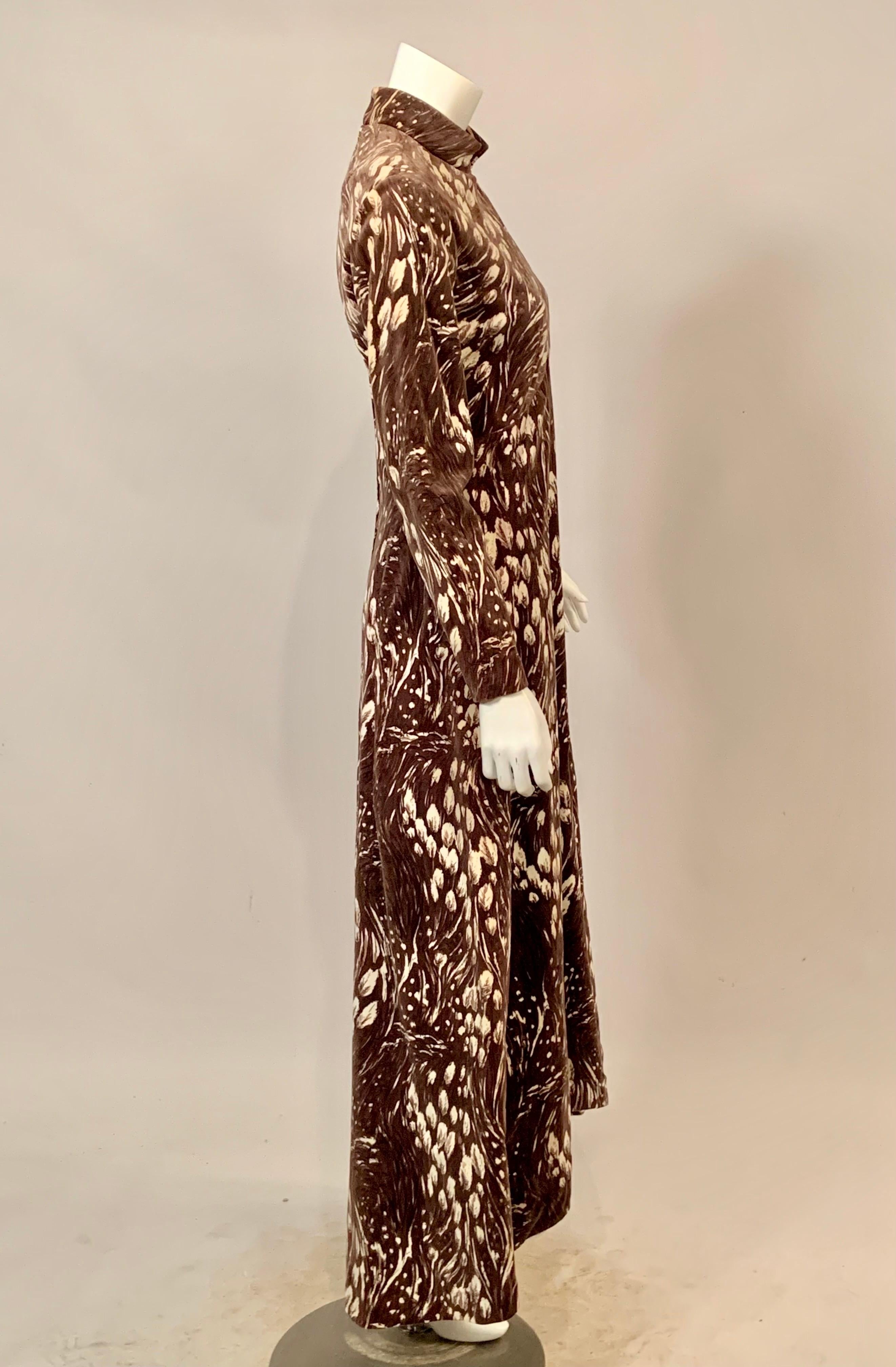 George Halley Coffee and Cream Colored Feather Printed Velvet Evening Dress For Sale 3