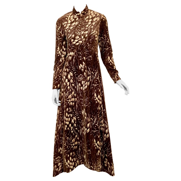 George Halley Coffee and Cream Colored Feather Printed Velvet Evening Dress  For Sale at 1stDibs