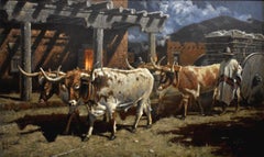 „IN OLD SANTA FE“ – WESTERN, EINES SEINER GRÖSSTEN UND SCHÖNSTEN GEMÄLDE, 42 X 68 CM, GERAHMT