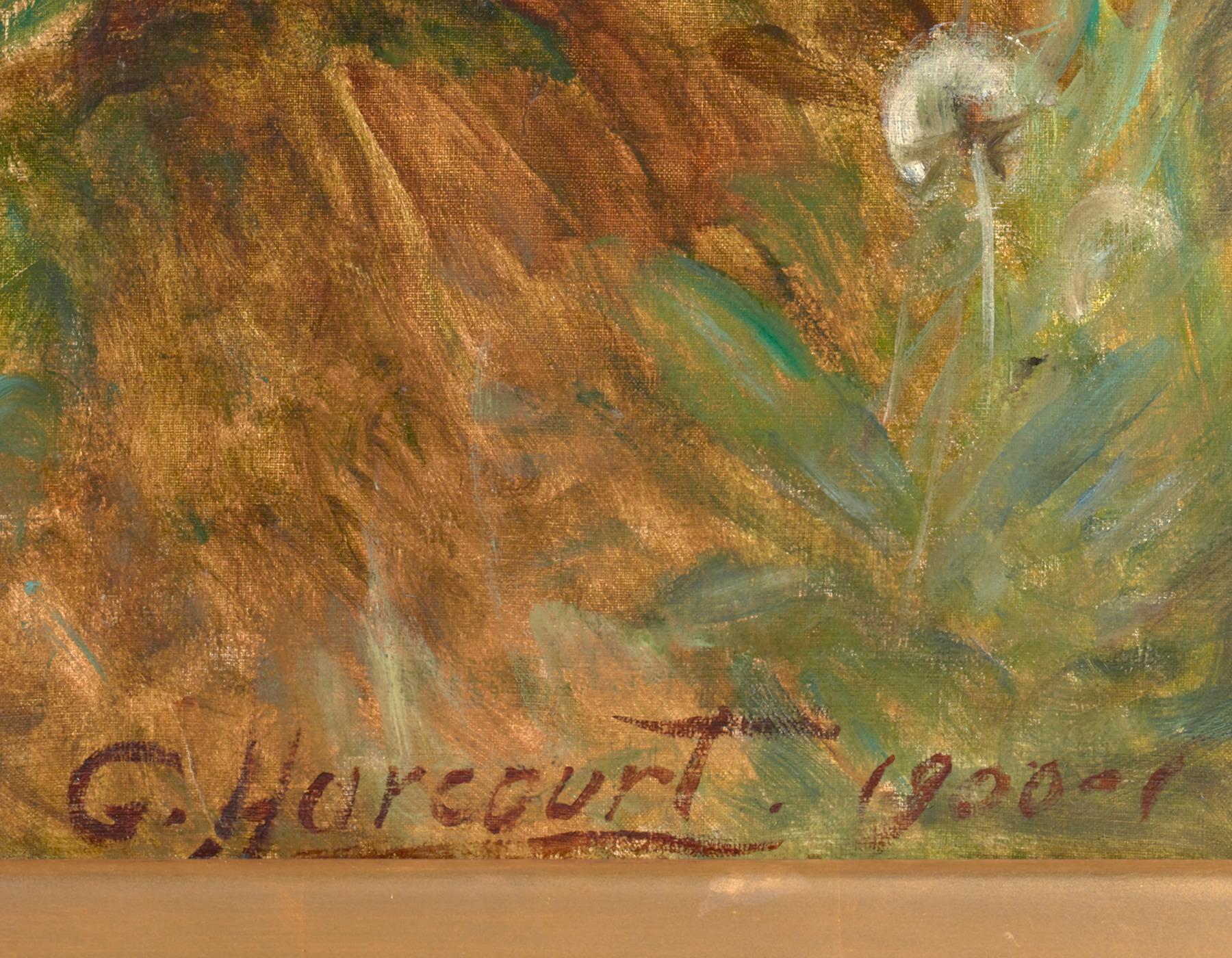 
Capturing childhood innocence at its most pristine is this monumental, original oil painting by important Scottish portraitist George Harcourt. With his soft, fluid brushwork and a vibrant color palette, the artist presents these siblings with the
