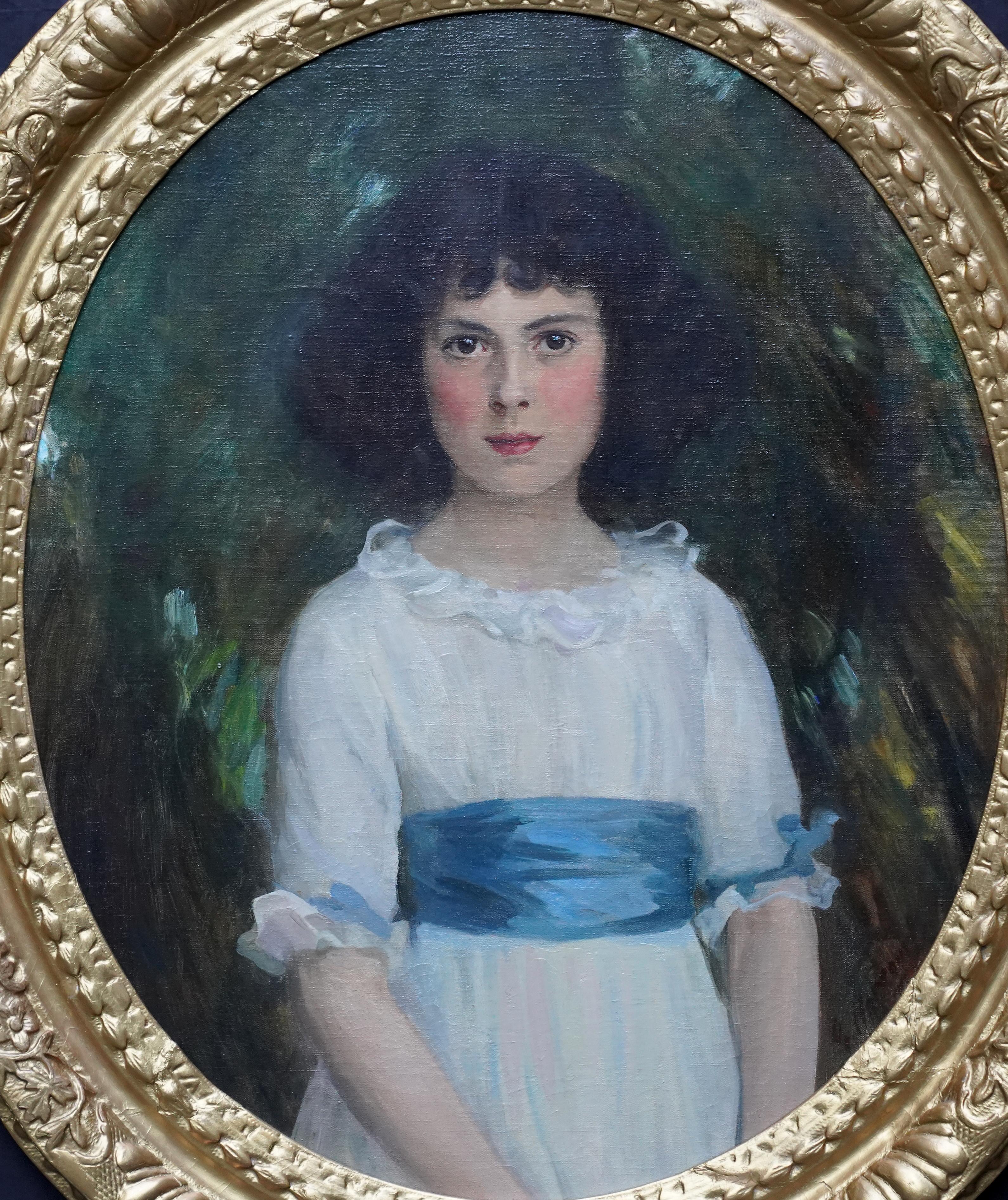 Oval Portrait of Girl with Blue Sash and Cuffs - Scottish Edwardian oil painting im Angebot 5