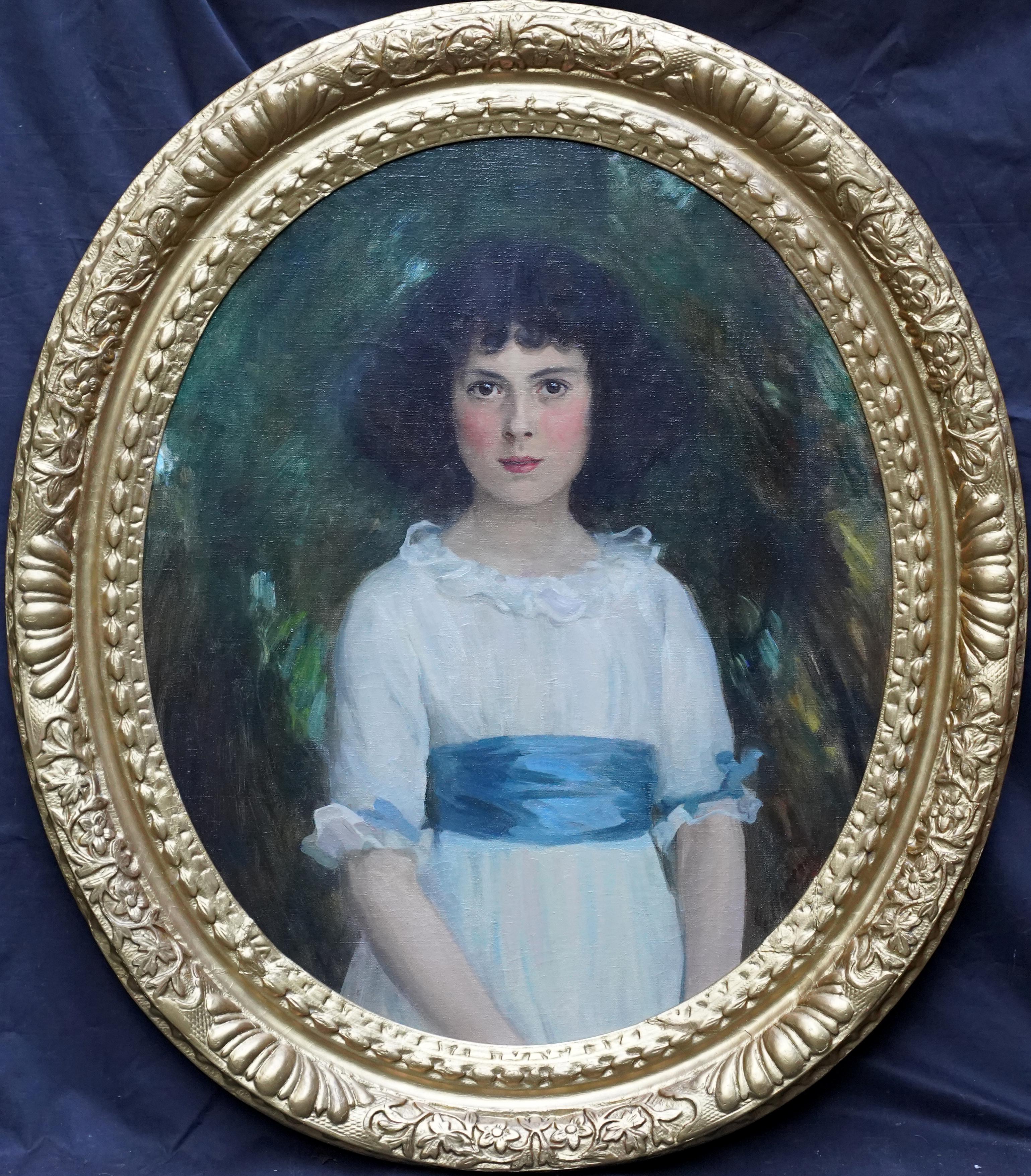 Oval Portrait of Girl with Blue Sash and Cuffs - Scottish Edwardian oil painting im Angebot 6