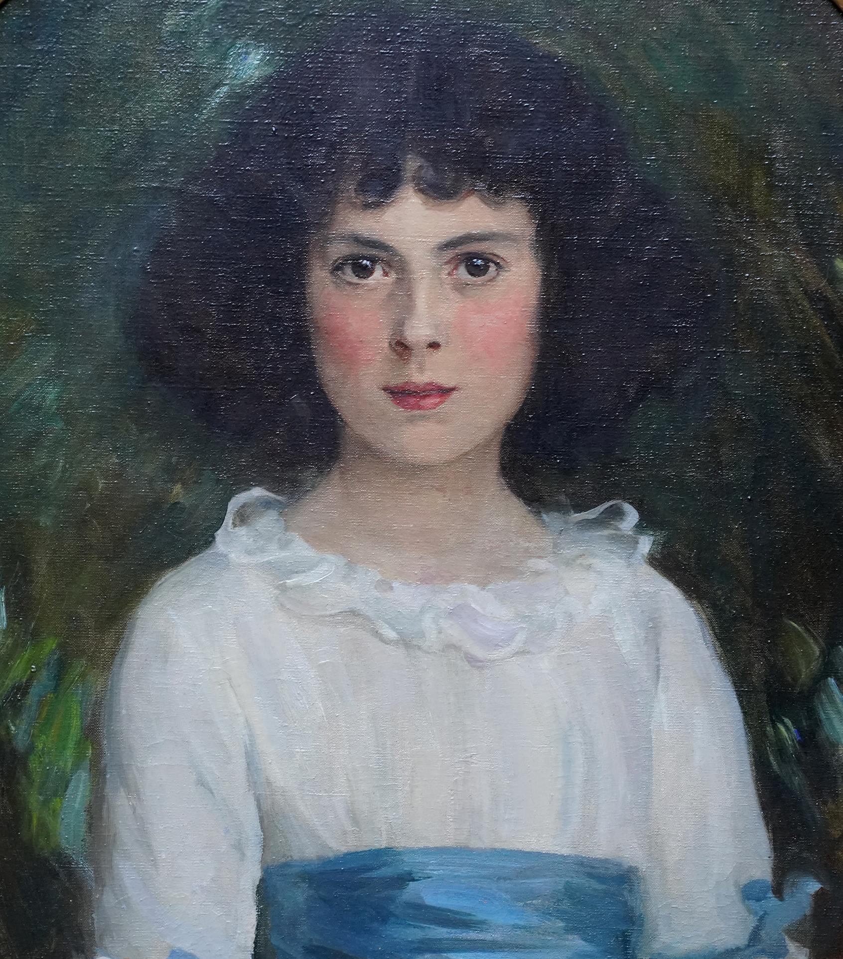 Oval Portrait of Girl with Blue Sash and Cuffs - Scottish Edwardian oil painting (Schwarz), Portrait Painting, von George Harcourt