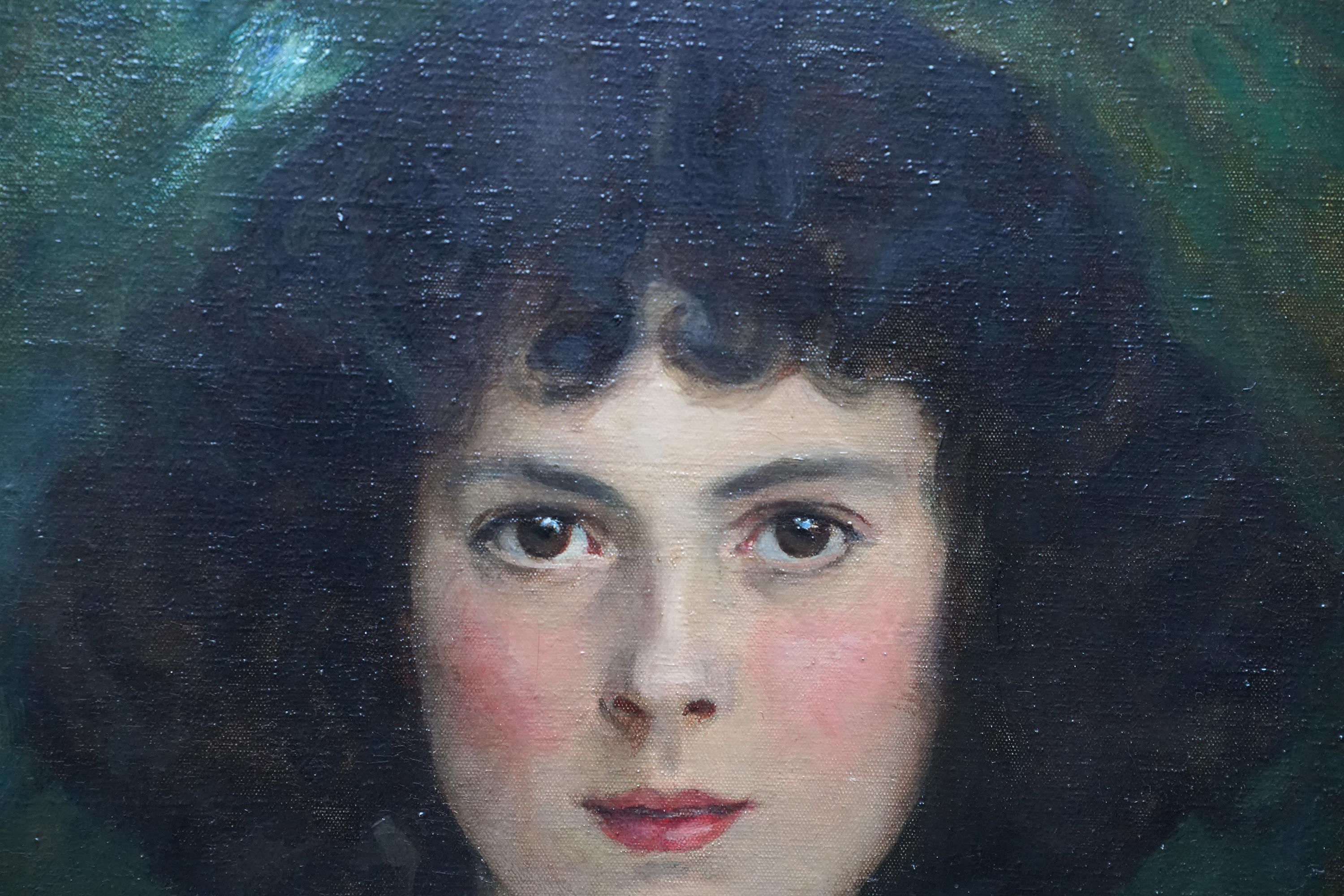 Oval Portrait of Girl with Blue Sash and Cuffs - Scottish Edwardian oil painting im Angebot 1