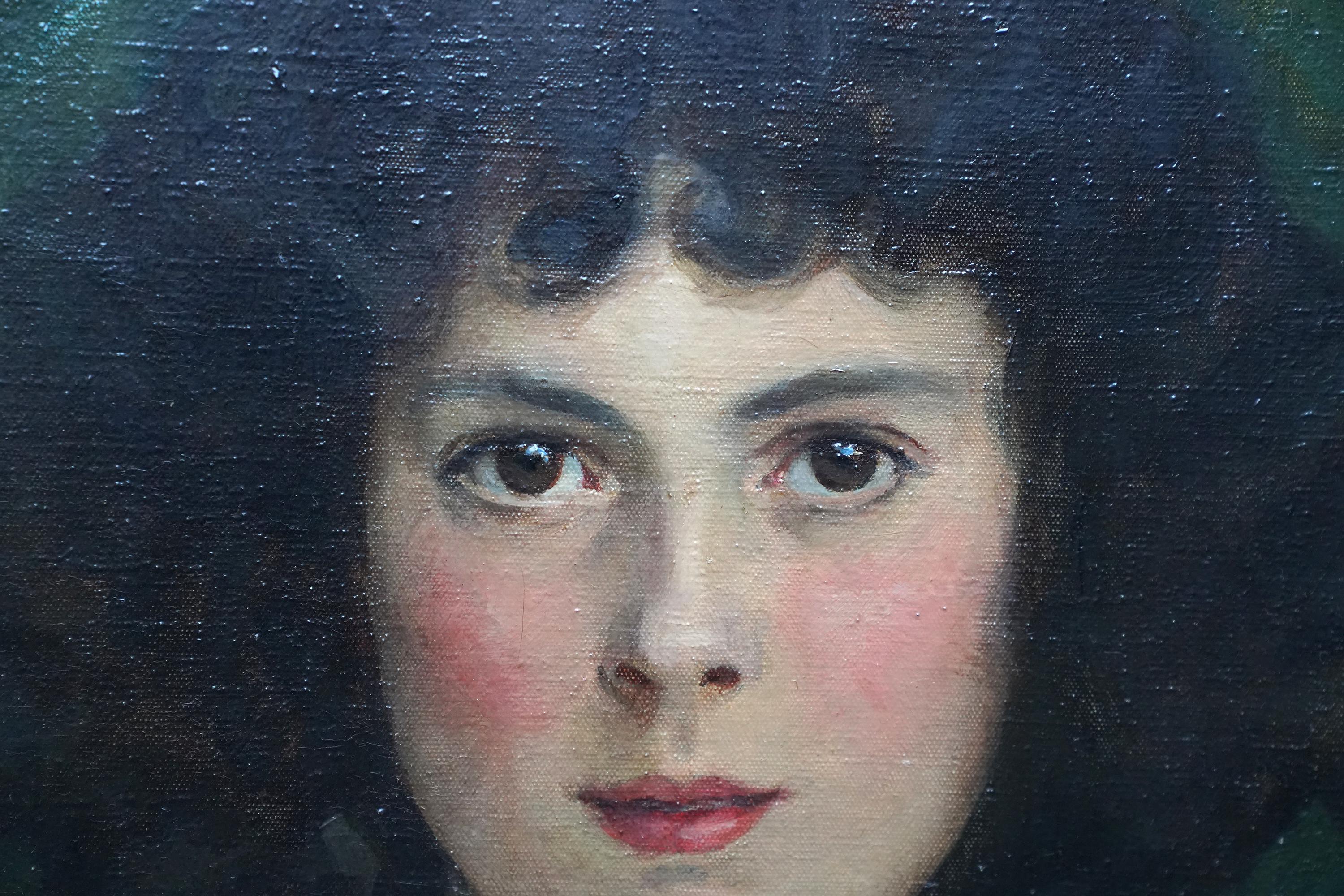 Oval Portrait of Girl with Blue Sash and Cuffs - Scottish Edwardian oil painting im Angebot 2