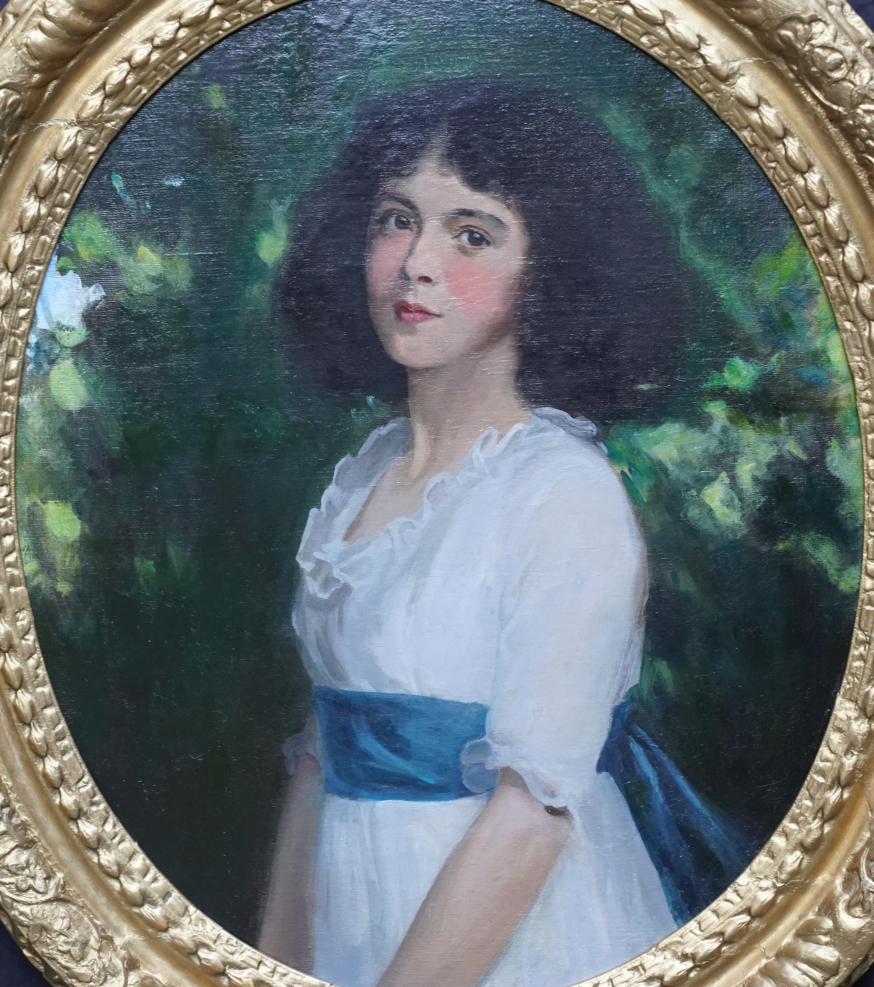 Oval Portrait of Girl with Blue Sash - Scottish Edwardian art oil painting im Angebot 5