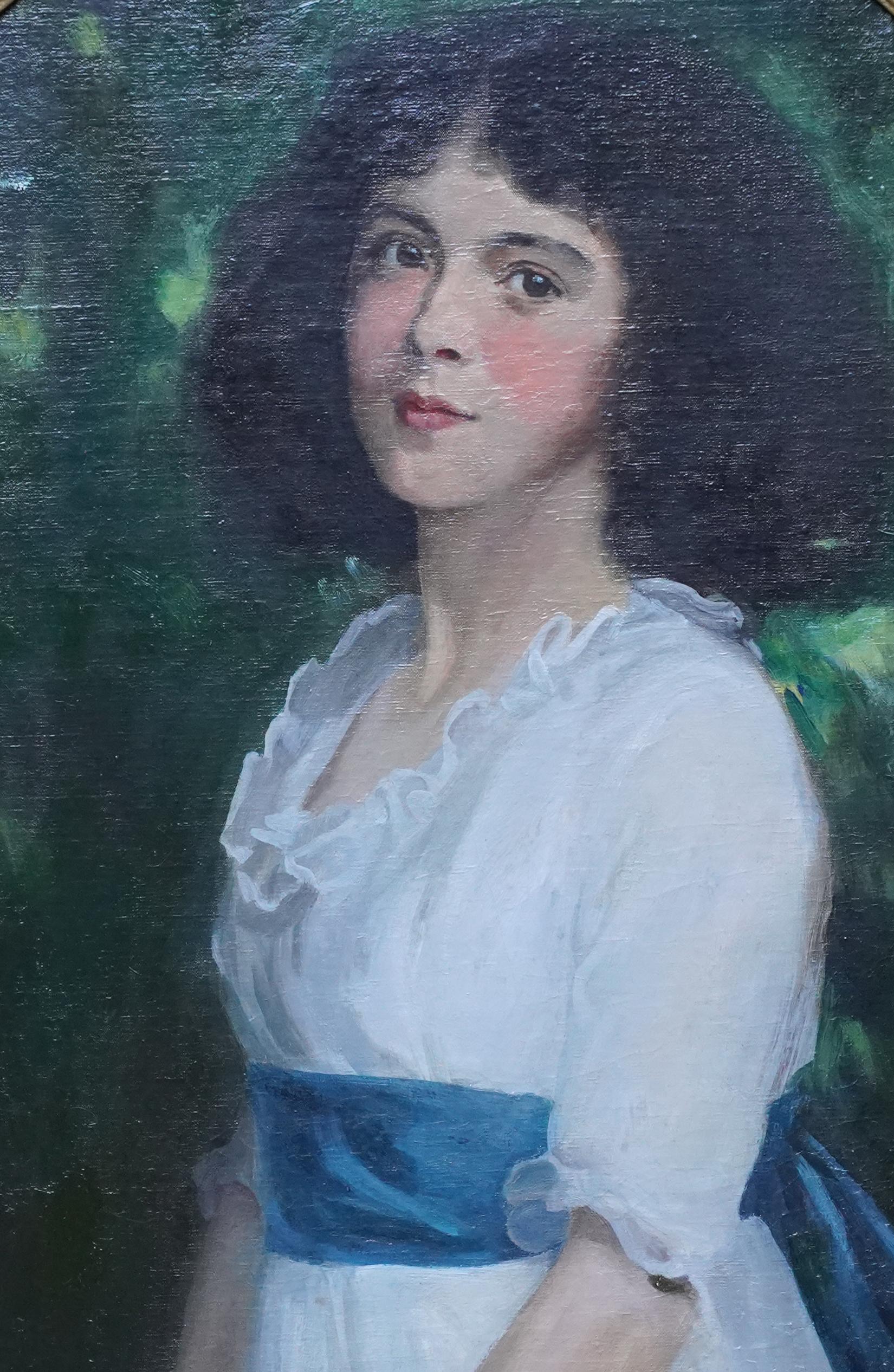 Oval Portrait of Girl with Blue Sash - Scottish Edwardian art oil painting (Viktorianisch), Painting, von George Harcourt