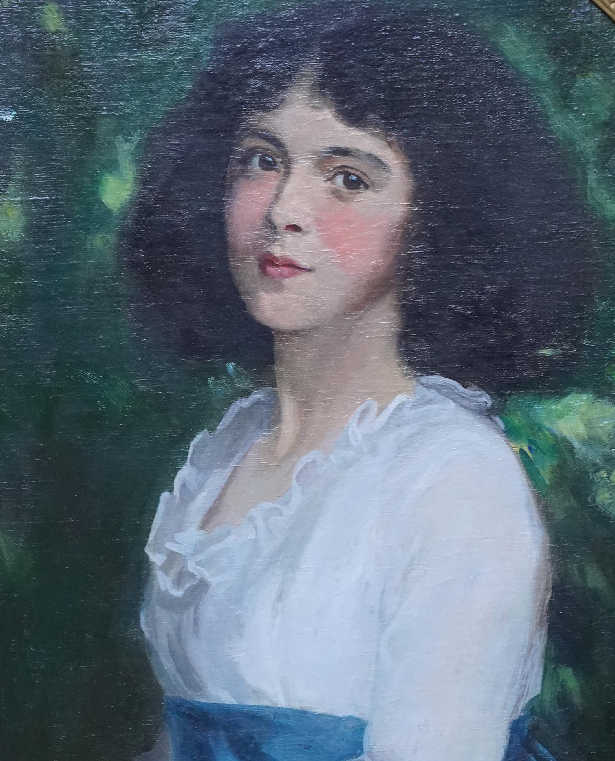 Oval Portrait of Girl with Blue Sash - Scottish Edwardian art oil painting (Schwarz), Portrait Painting, von George Harcourt