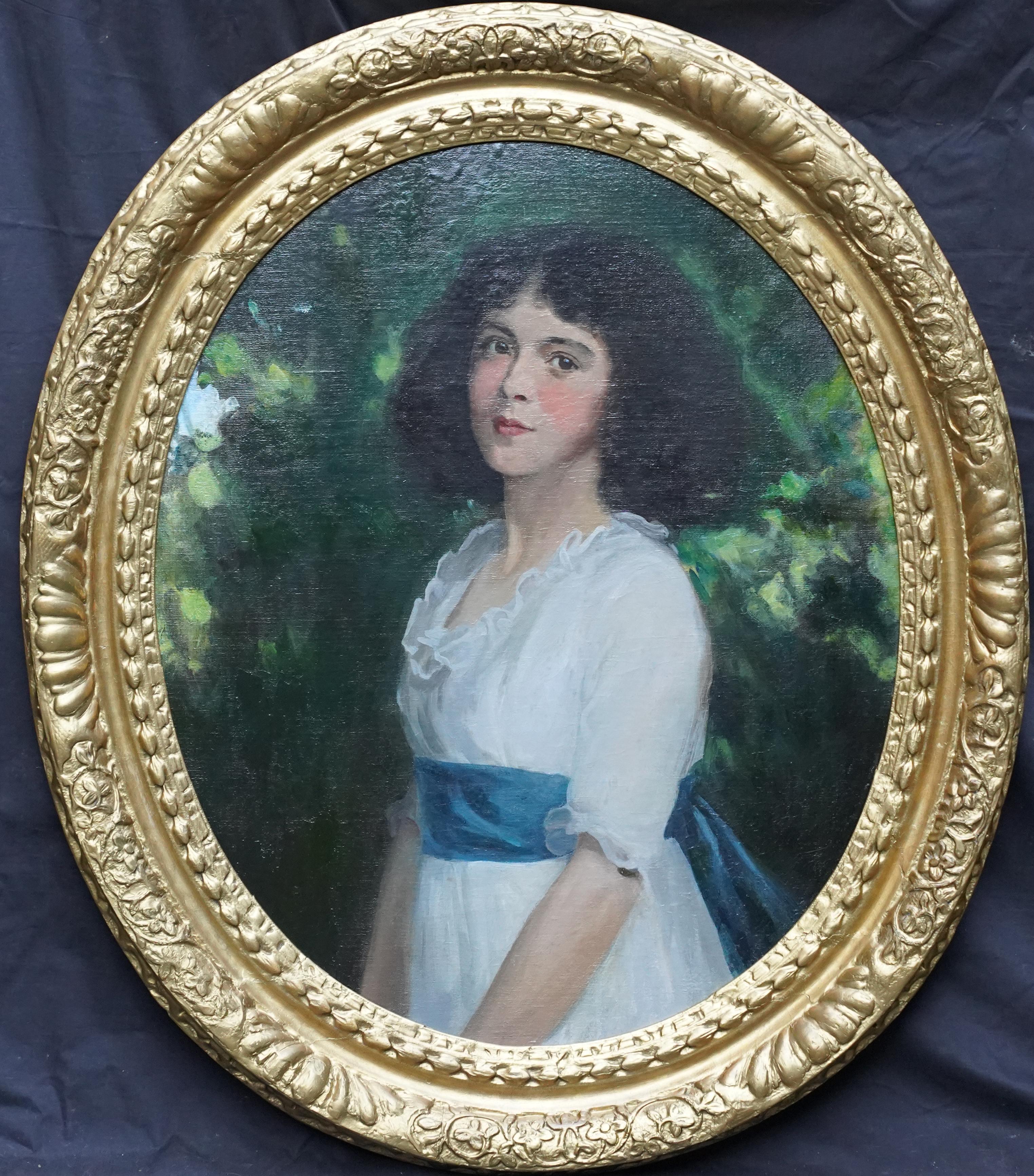 Oval Portrait of Girl with Blue Sash - Scottish Edwardian art oil painting
