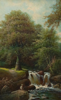 George F. Harris (1856-1924) - Olio incorniciato, Pesca vicino alle cascate