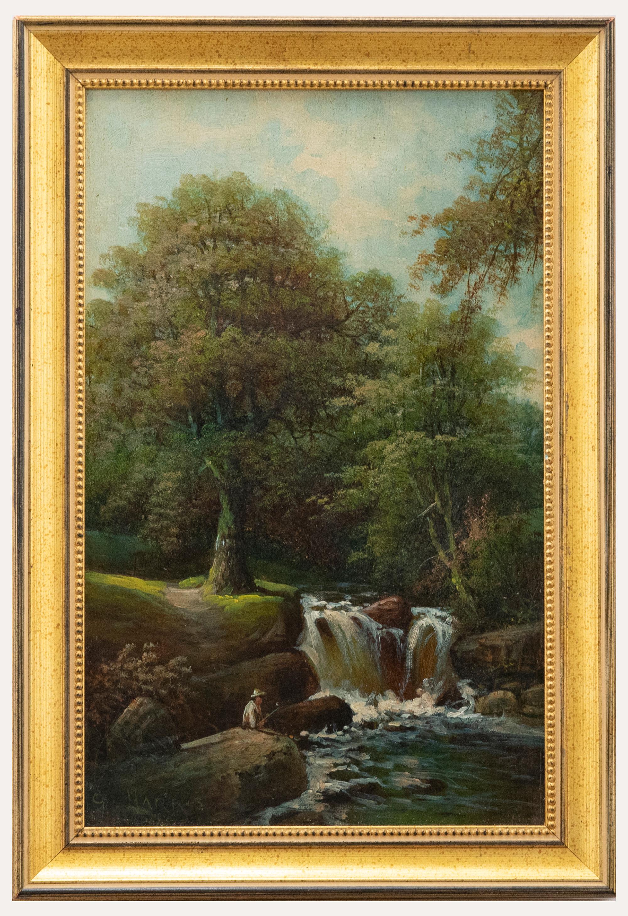 George Harris  Landscape Painting - George F. Harris (1856-1924) - Framed Oil, Fishing near the Falls