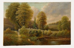 George Harris (1855-1936) - Olio del 1887, "Pesca dal ponte di pietra".