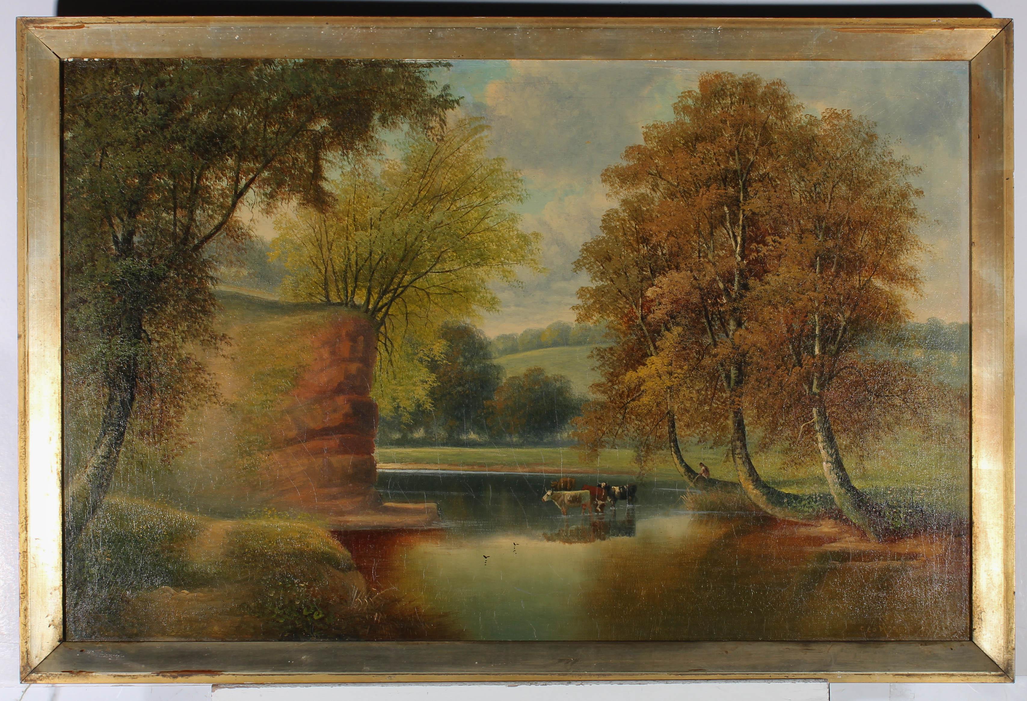 A fine early 20th Century ;landscape in oil, showing a bucolic scene of cattle drinking in the shallows of a river as a figure watches them from a tree on the bank. The leaves of the surrounding trees are turning from summer green to the browns and