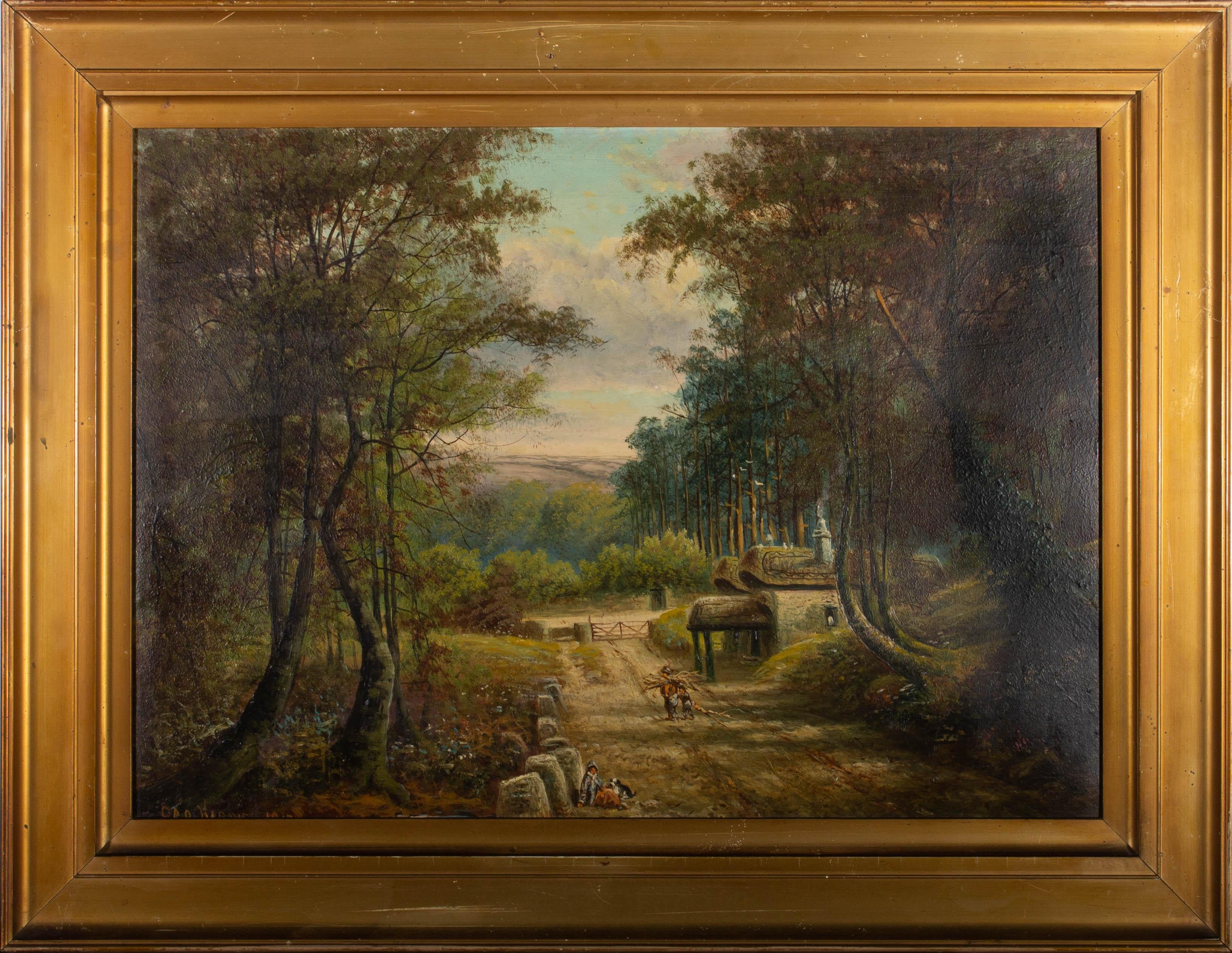 A fine oil painting by the British artist George Harris, depicting a landscape scene with a small cottage and figures nearby. Signature and partially covered date to the lower left-hand corner. Presented in a gilt-effect frame, as shown. On board.

