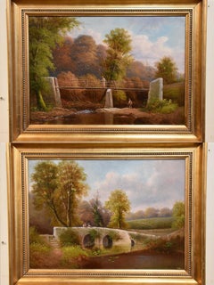 Antique Oil Painting Pair by George Harris "The Old Miners Bridge"