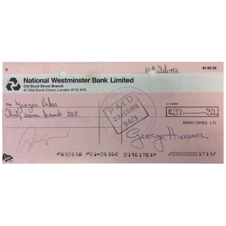 Harrison Signed Cheque Made Out to Ginger Baker at 1stDibs