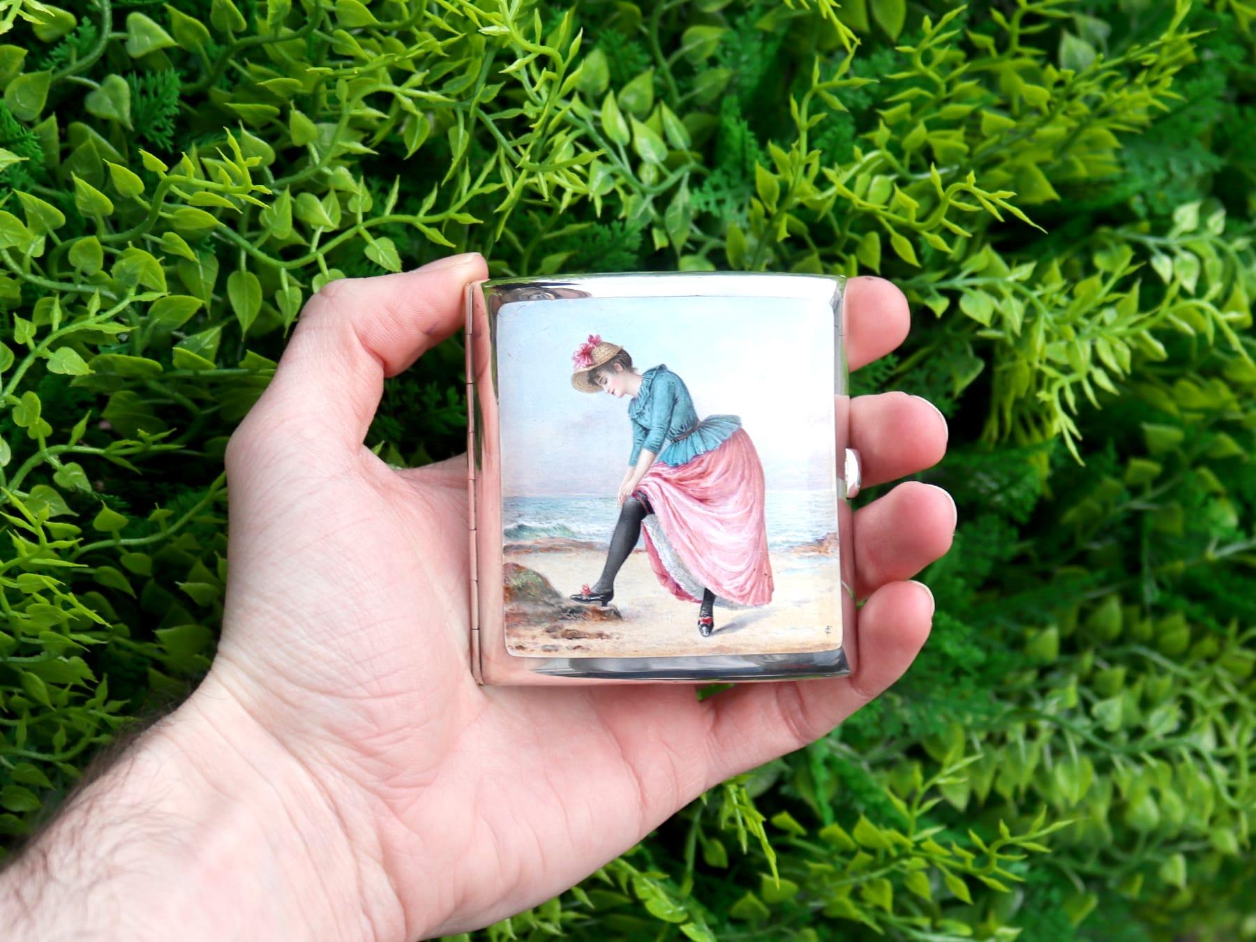 An exceptional, fine and impressive antique Victorian English sterling silver and enamel cigarette case, an addition to our silver smoking related silverware collection

This exceptional sterling silver cigarette case has a plain square form with