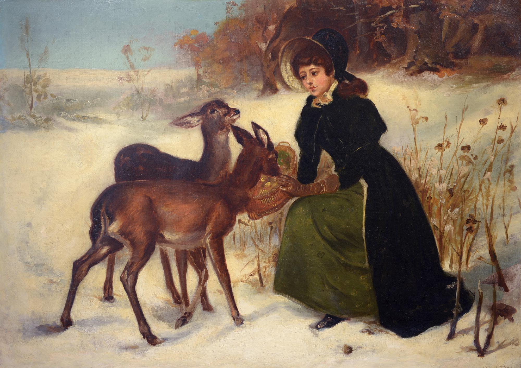 George Henry Boughton Figurative Painting – „Winter Deer“, amerikanischer Realismus, Landschaft mit Figur und Tieren, MFA, Tate