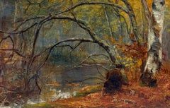 Hombre y perro en la madriguera de un conejo en la ribera otoñal de un bosque Pintura al óleo antigua y fina