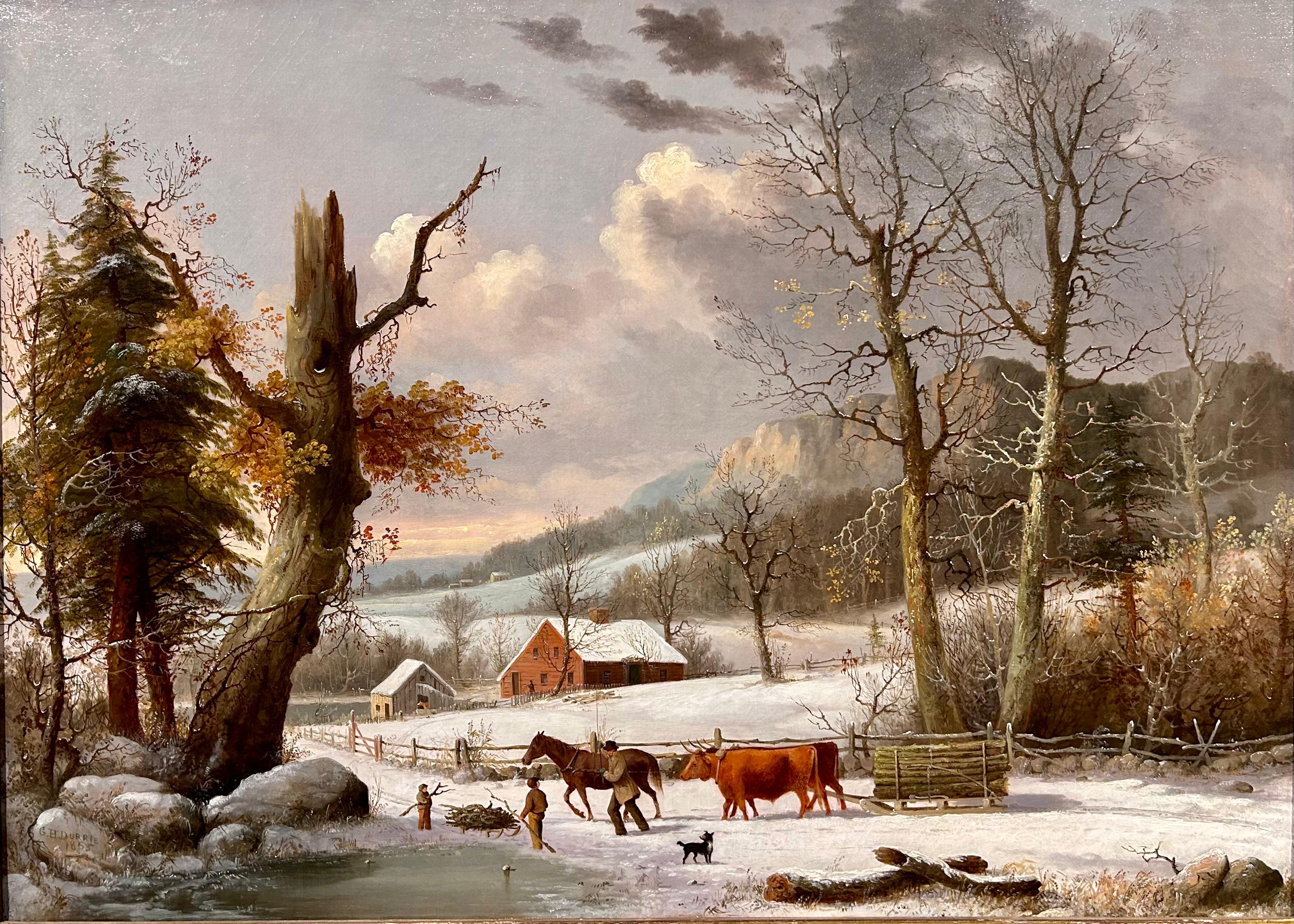 Landscape Painting de George Henry Durrie - Paisaje nevado al óleo titulado "Recogiendo leña para el invierno, New Haven, CT"
