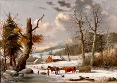 Antique Oil Snow Landscape titled "Gathering Wood for Winter, New Haven, CT"