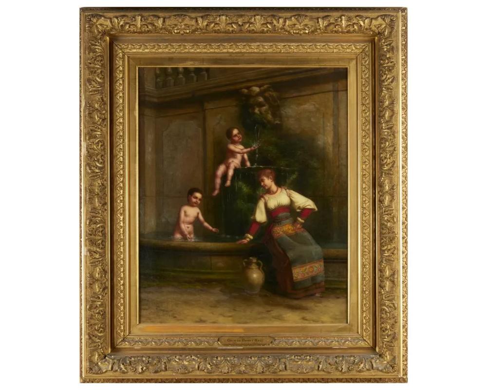 George Henry Hall, oil on canvas, 1892, George Henry Hall (American, 1825-1913), Woman with Children in Fountain, signed 