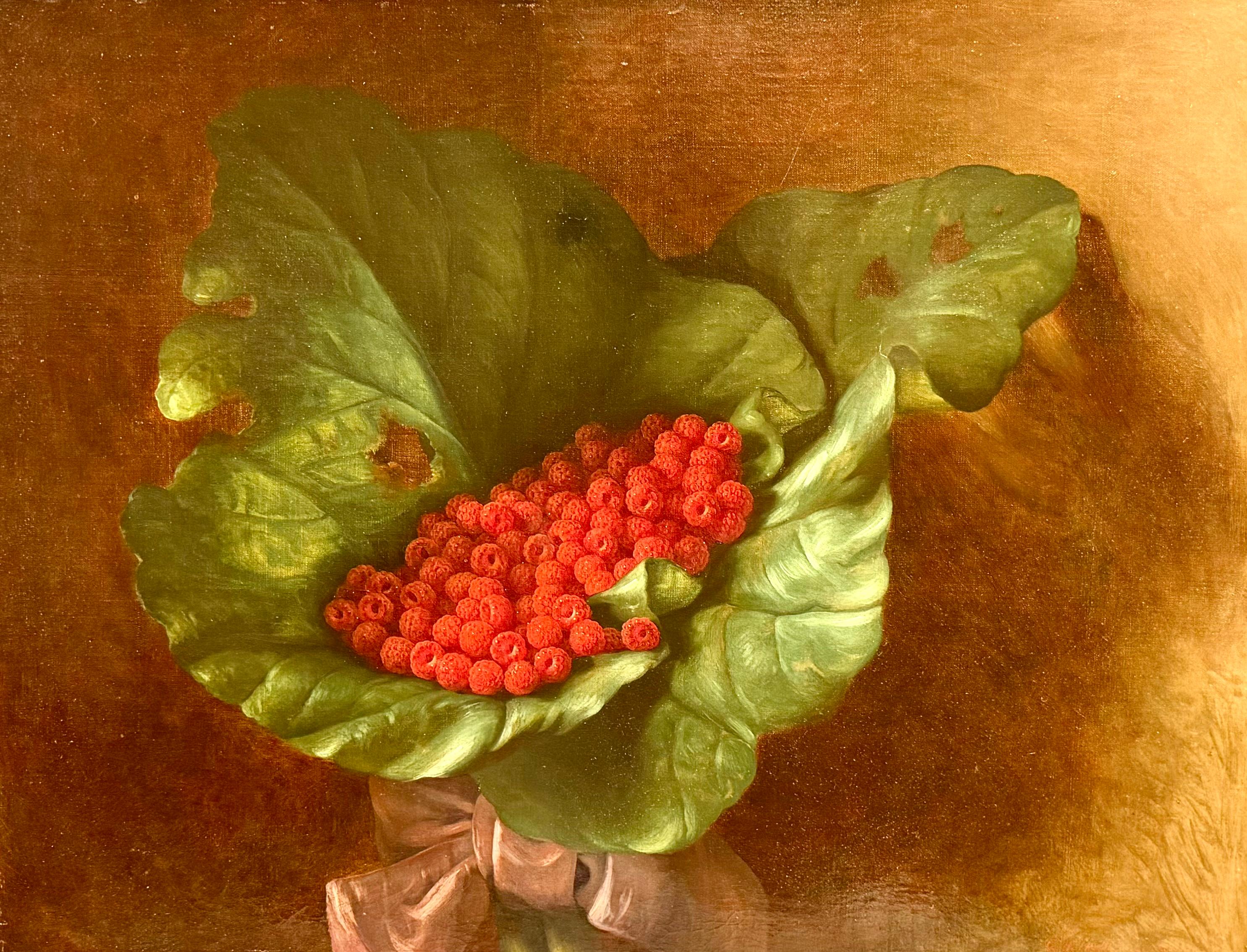 George Henry Hall Still-Life Painting - Mid-19th Century Signed Oil Painting of Raspberries Still Life