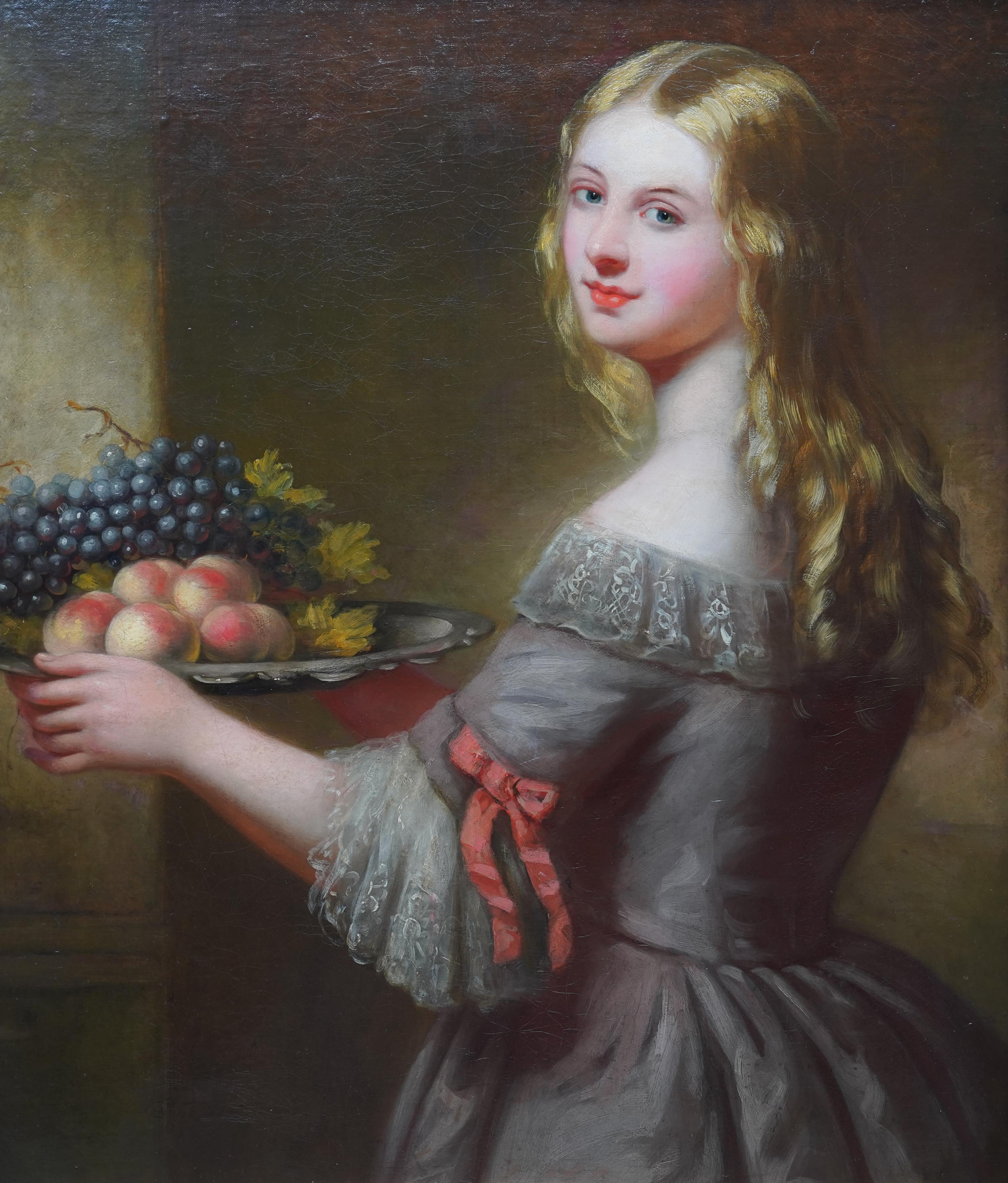 Portrait d'une jeune femme avec un fruit - peinture à l'huile britannique de style vieux maître - Painting de George Henry Harlow 