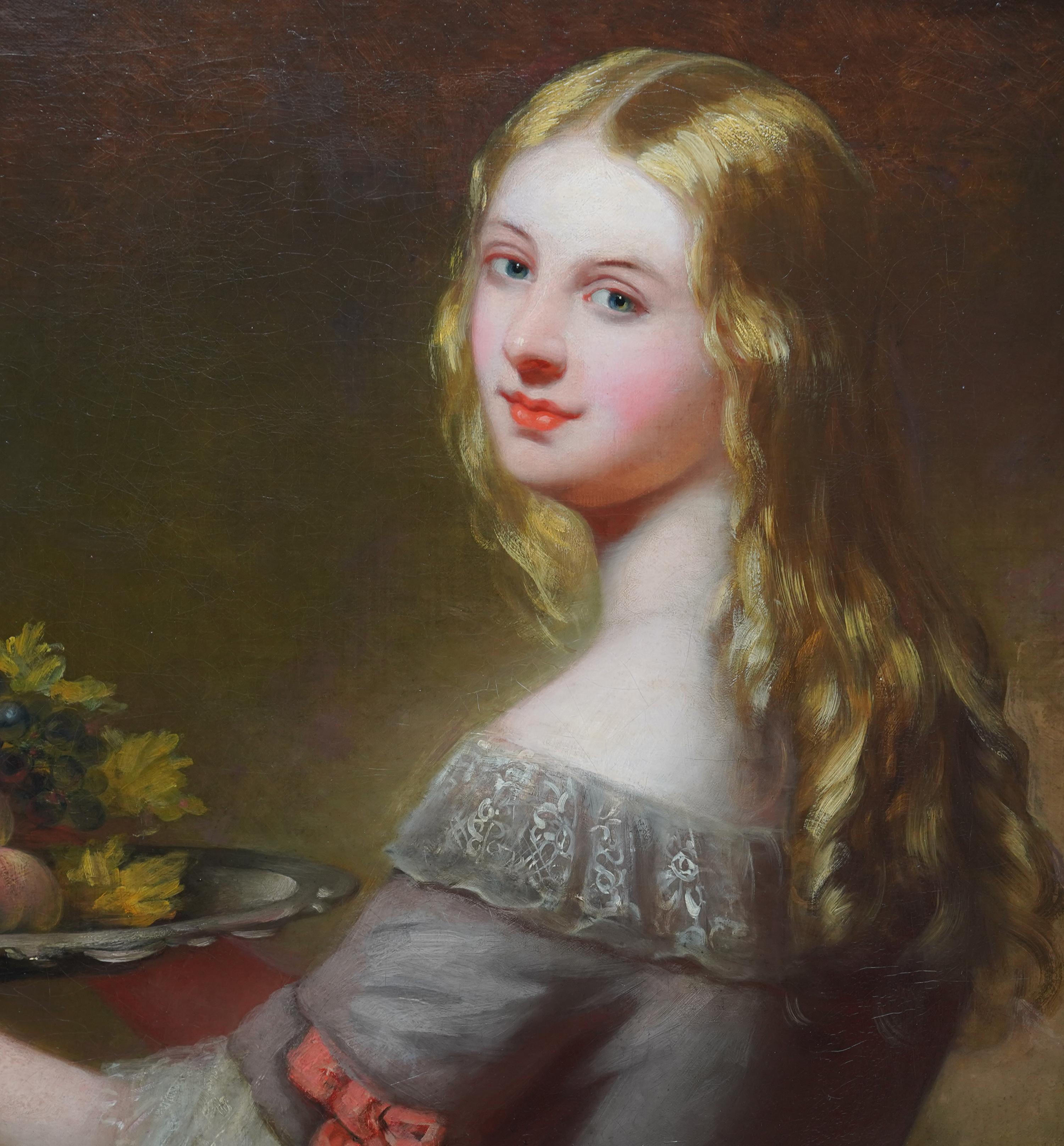 Portrait d'une jeune femme avec un fruit - peinture à l'huile britannique de style vieux maître - Marron Portrait Painting par George Henry Harlow 