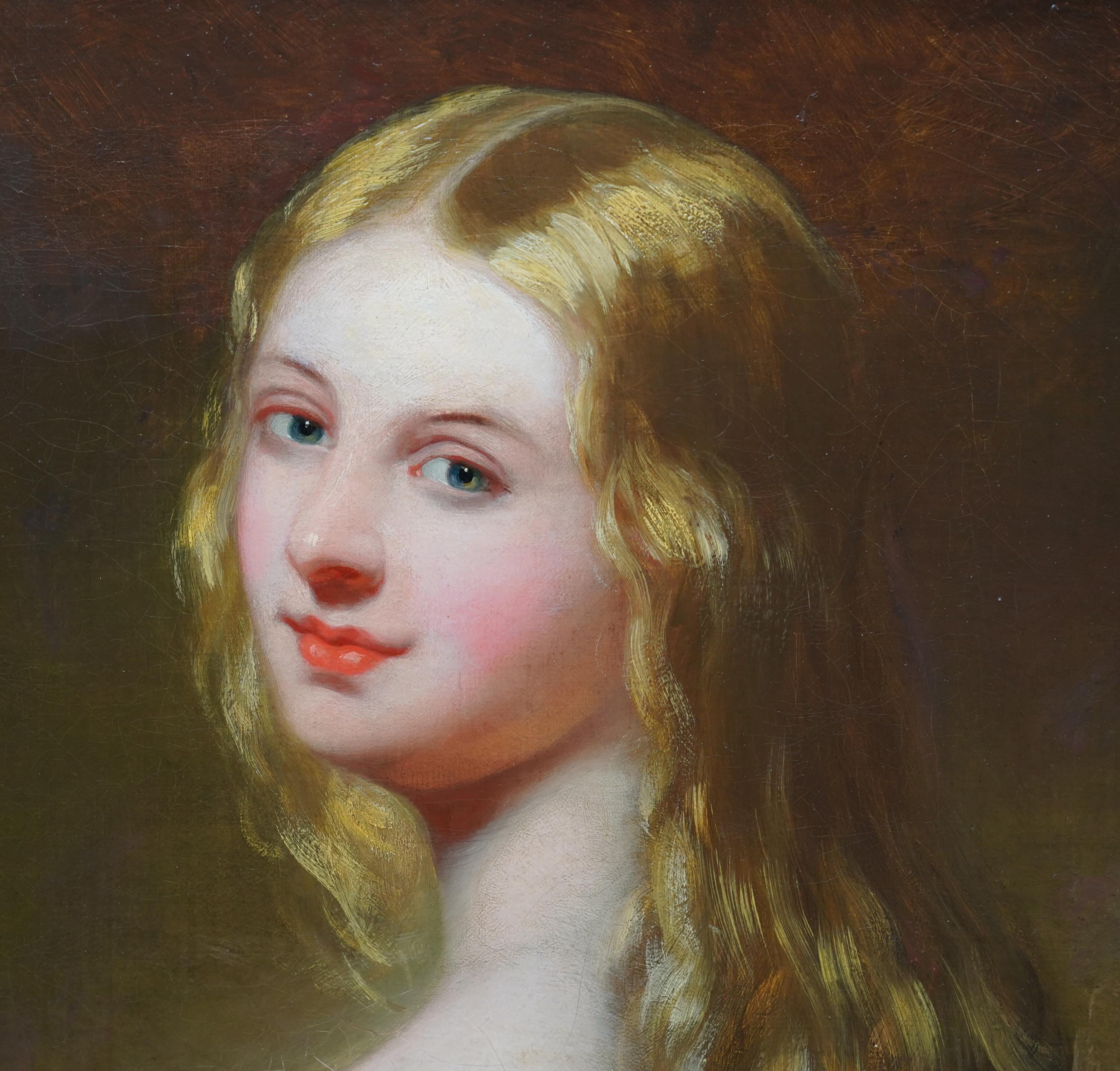 Ce charmant portrait à l'huile britannique du XVIIIe siècle, d'excellente provenance, est attribué au cercle de George Henry Harlow. Peint vers 1760, il s'agit d'un portrait debout à mi-corps d'une jeune femme portant un plateau de fruits. Harlow a