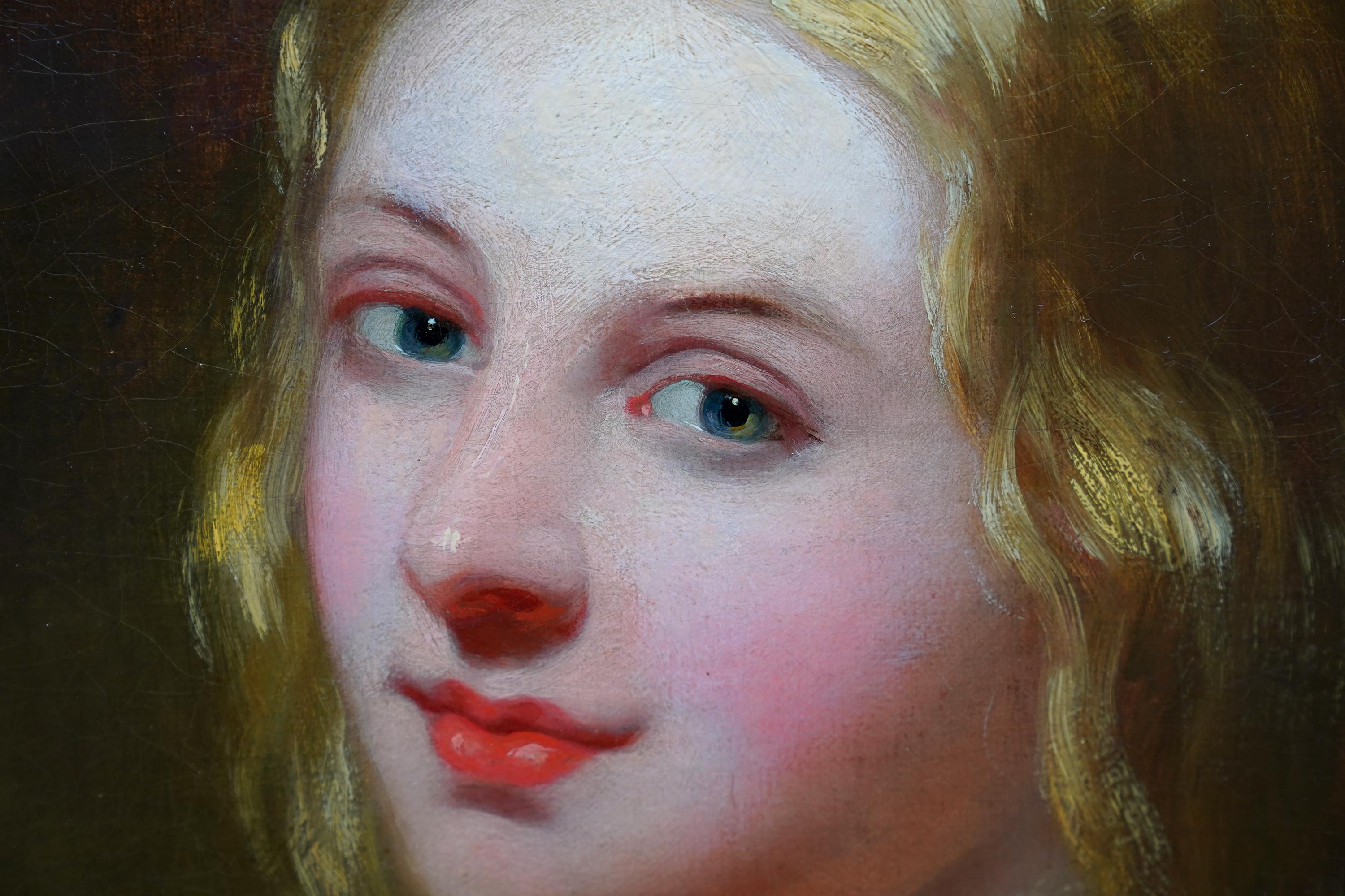 Portrait d'une jeune femme avec un fruit - peinture à l'huile britannique de style vieux maître en vente 1