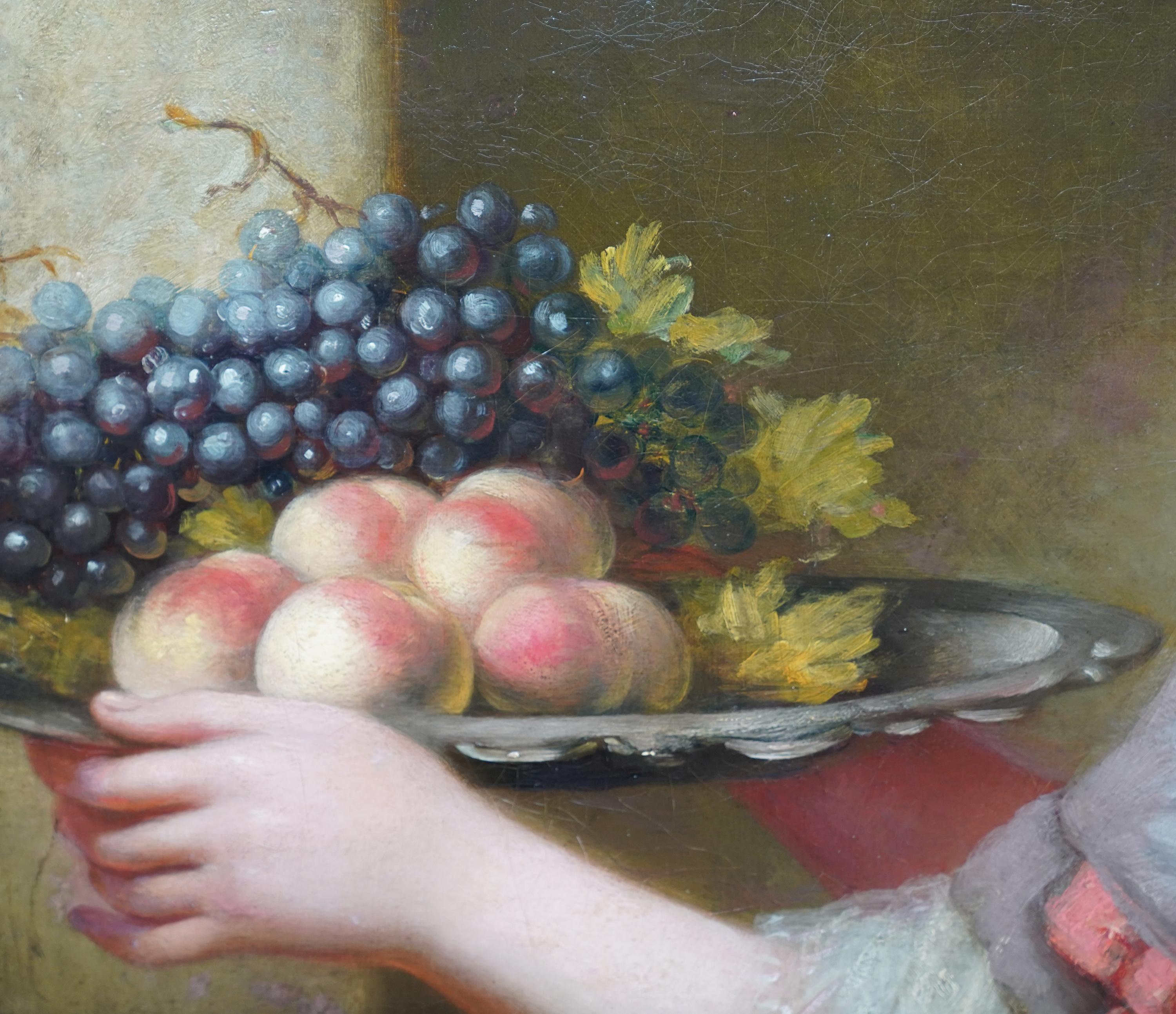 Portrait d'une jeune femme avec un fruit - peinture à l'huile britannique de style vieux maître en vente 2