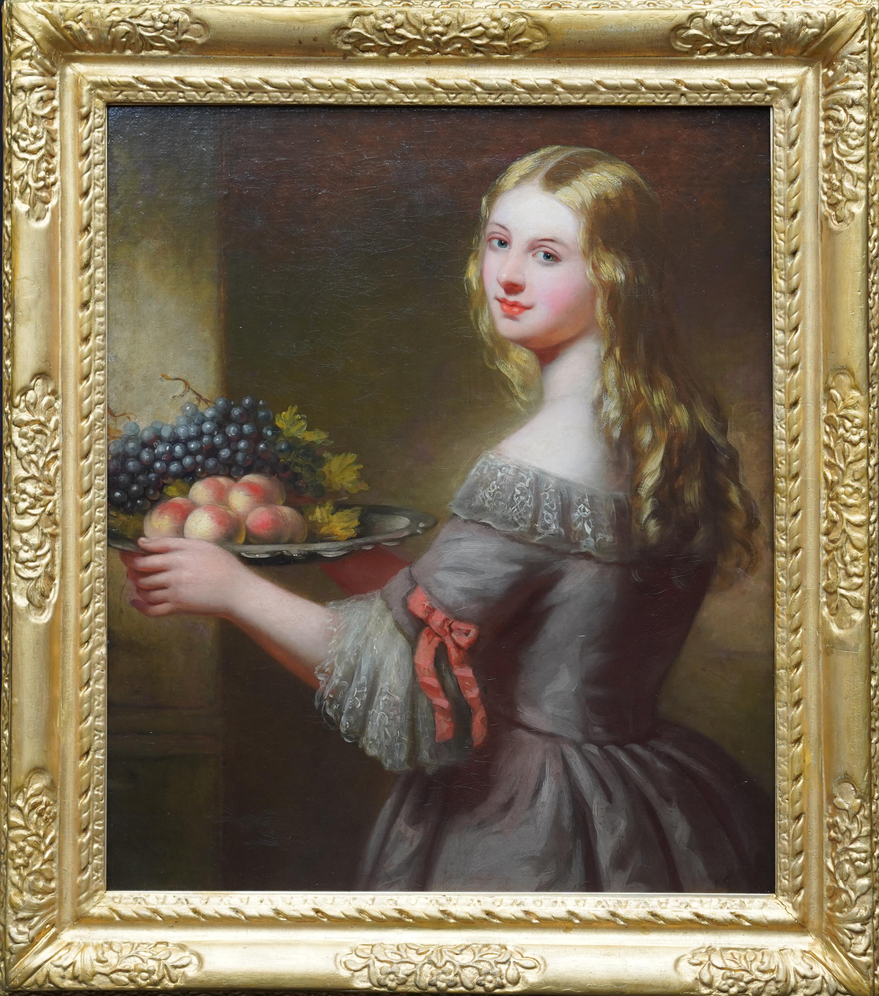 Portrait d'une jeune femme avec un fruit - peinture à l'huile britannique de style vieux maître en vente 5