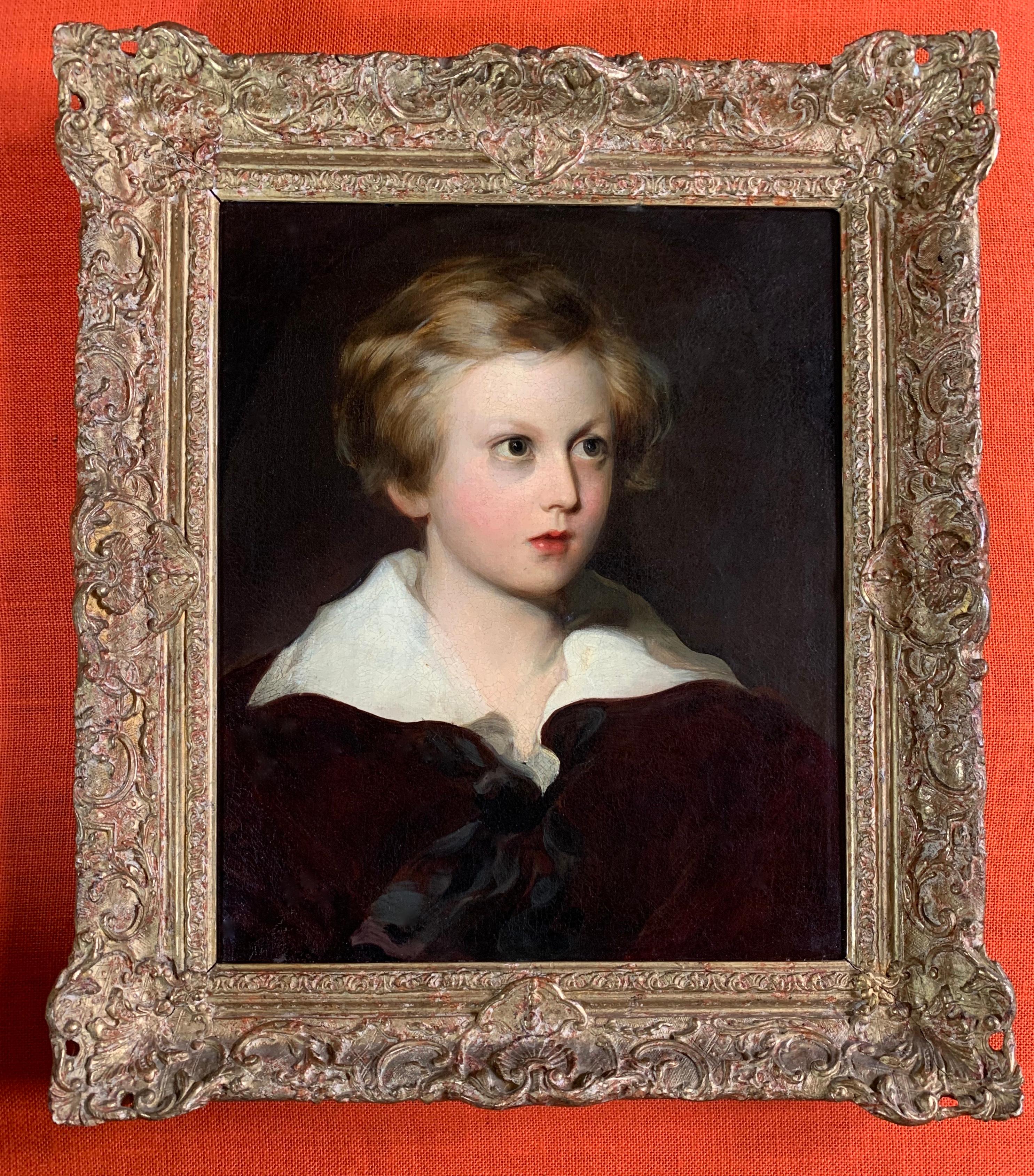 19th Century English Oil on Canvas Portrait of a Young Boy (Master Fletcher) - Black Portrait Painting by George Henry Harlow