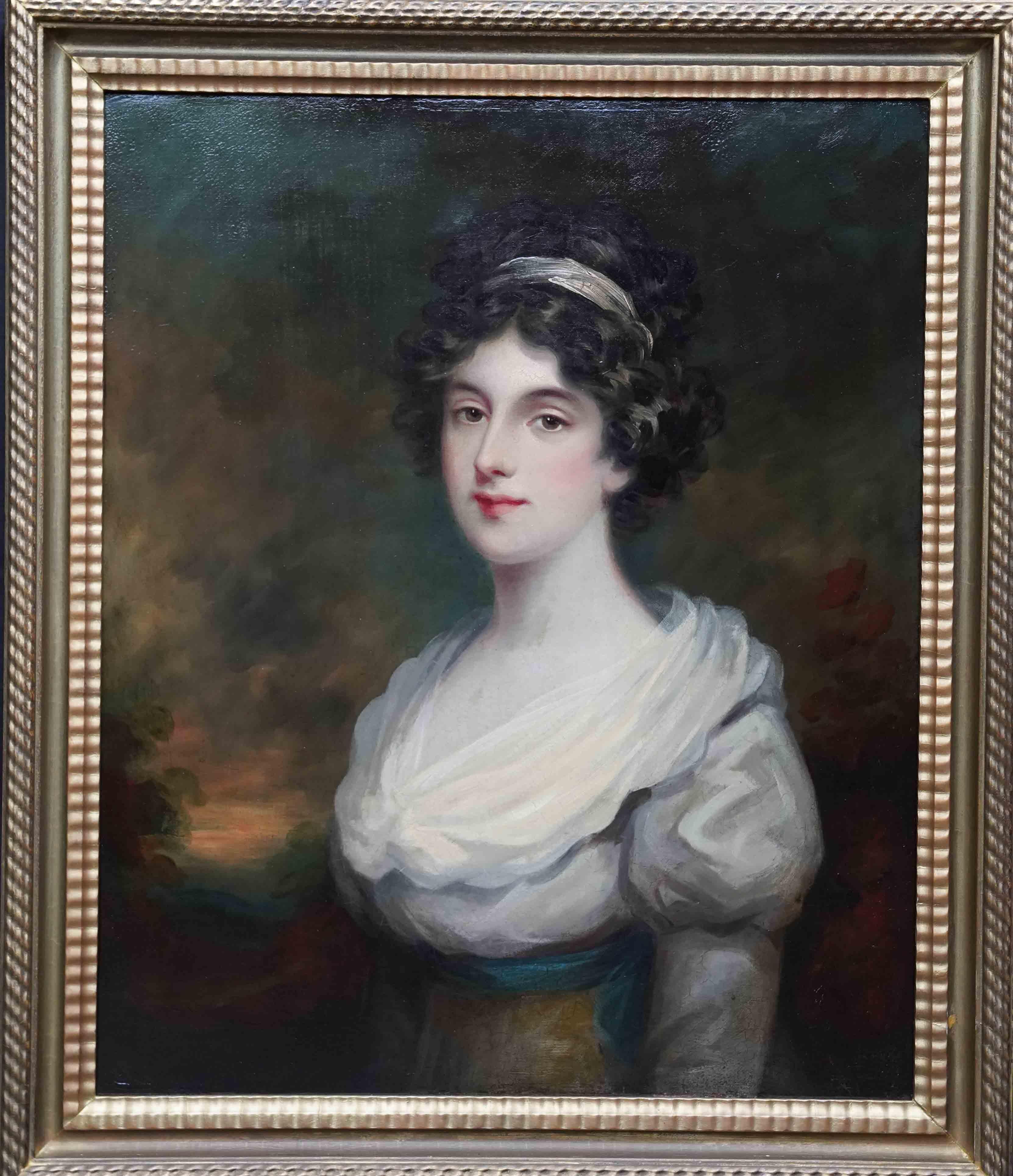 Portrait of a Lady in a Landscape - British 19thC Old Master art oil painting For Sale 7