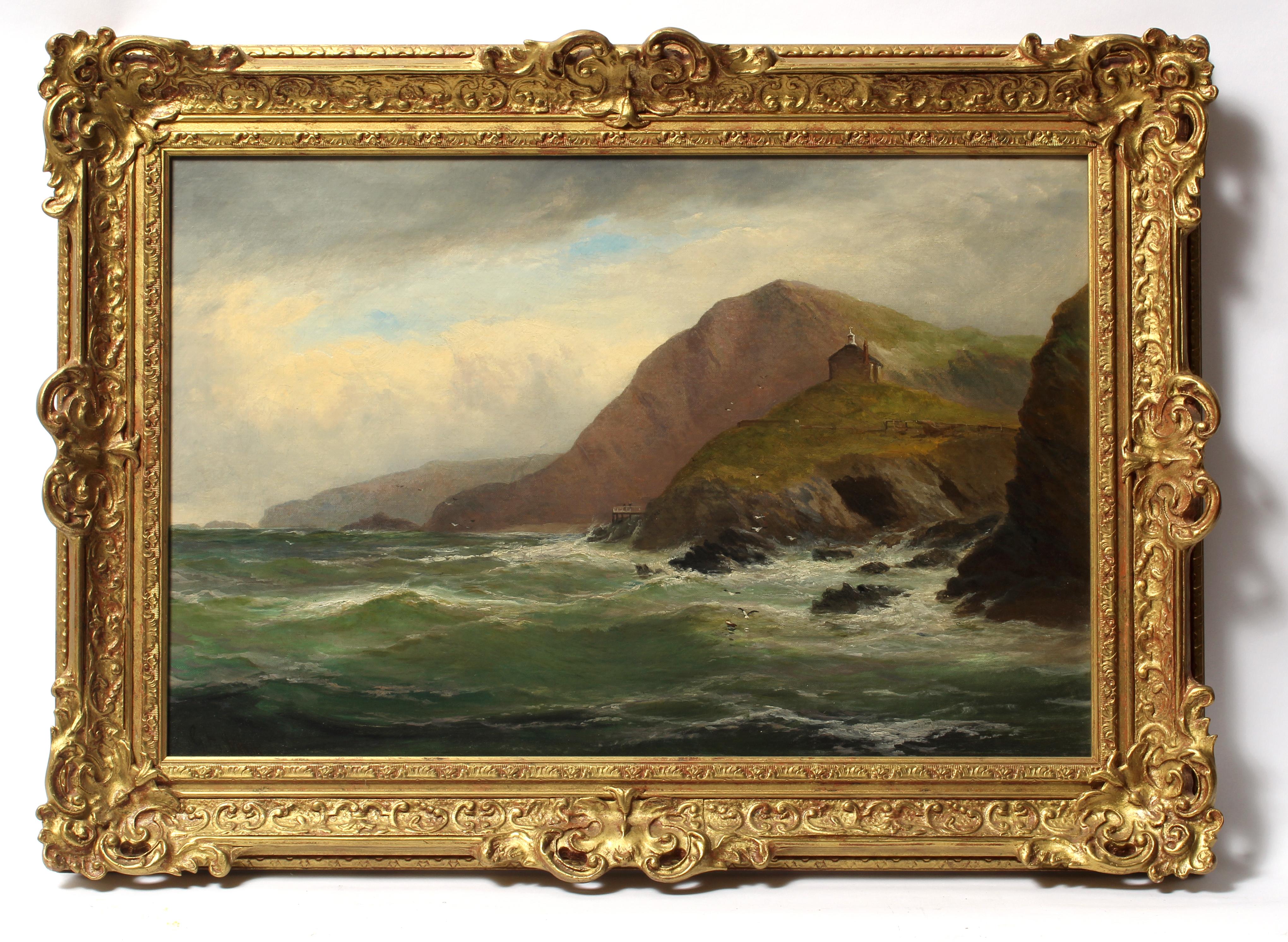 George Henry Jenkins Landscape Painting - Antique English Oil Painting Seascape Jenkins Gold Frame Realist