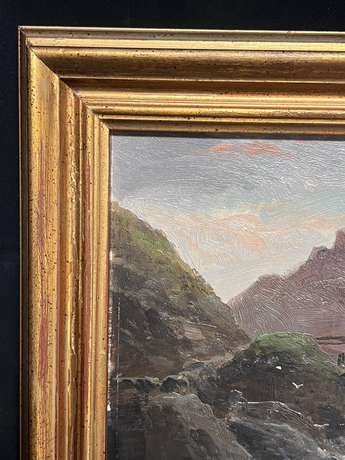Paysage à l'huile victorien de Cornish, mer agitée au crépuscule, pêcheurs sur les rochers - Painting de George Henry Jenkins