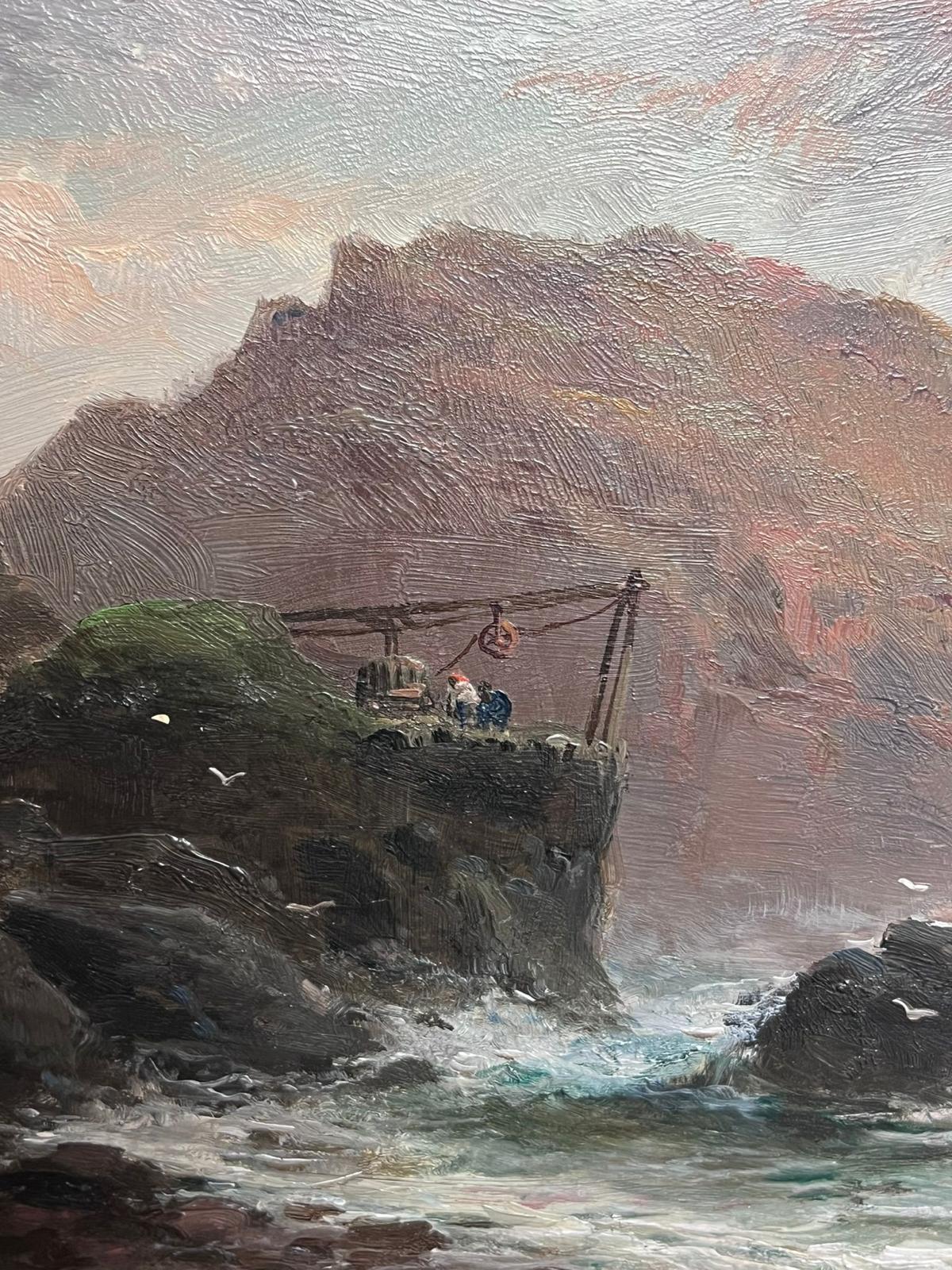 Paysage à l'huile victorien de Cornish, mer agitée au crépuscule, pêcheurs sur les rochers - Marron Figurative Painting par George Henry Jenkins