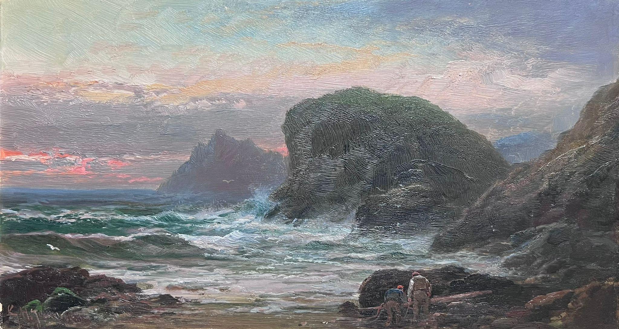 Antique Cornish Oil Painting Sunset Over Rocky Shores Figures Collecting Fish For Sale 8