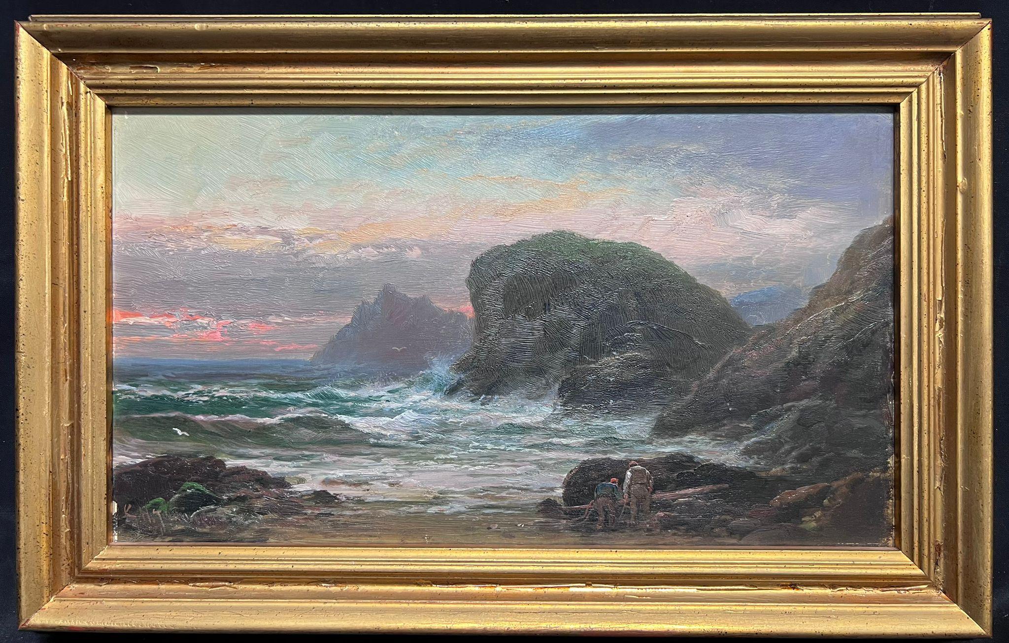 Antique Cornish Oil Painting Sunset Over Rocky Shores Figures Collecting Fish - Brown Figurative Painting by George Henry Jenkins