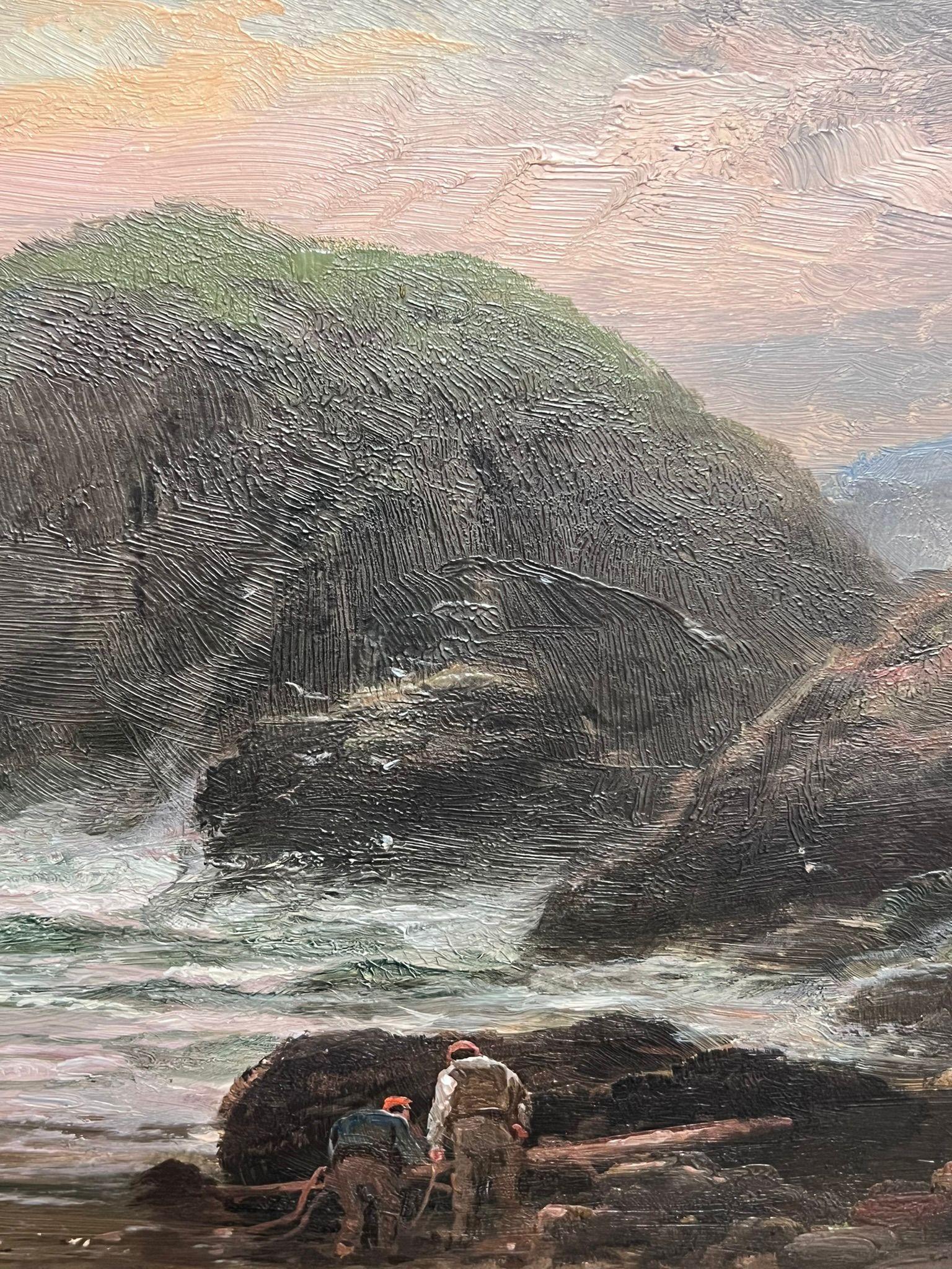 Sunset Over Rocky Shores, Cornish Coast
by George Henry Jenkins (British, 1843-1914)
Signed 
oil on board, framed
Framed: 12 x 18 inches
Board: 9 x 15 inches
Provenance: Private collection, south west England

This evocative coastal landscape