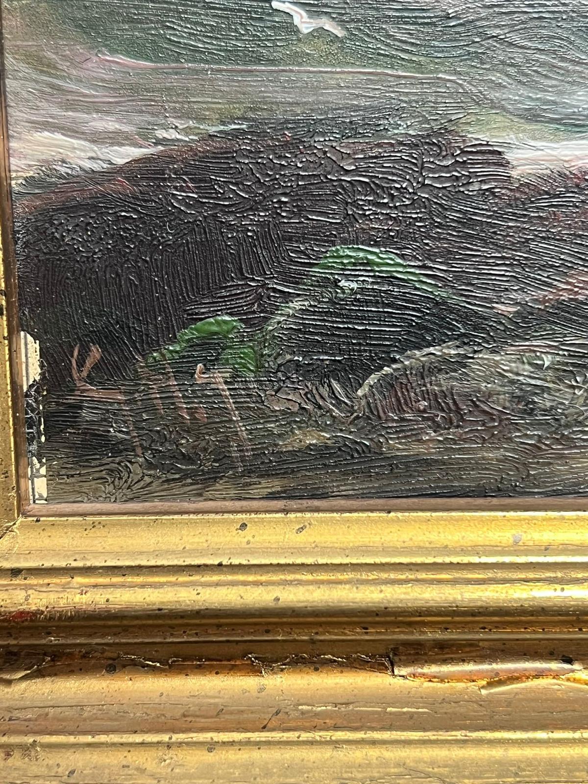 Antique Cornish Oil Painting Sunset Over Rocky Shores Figures Collecting Fish For Sale 1