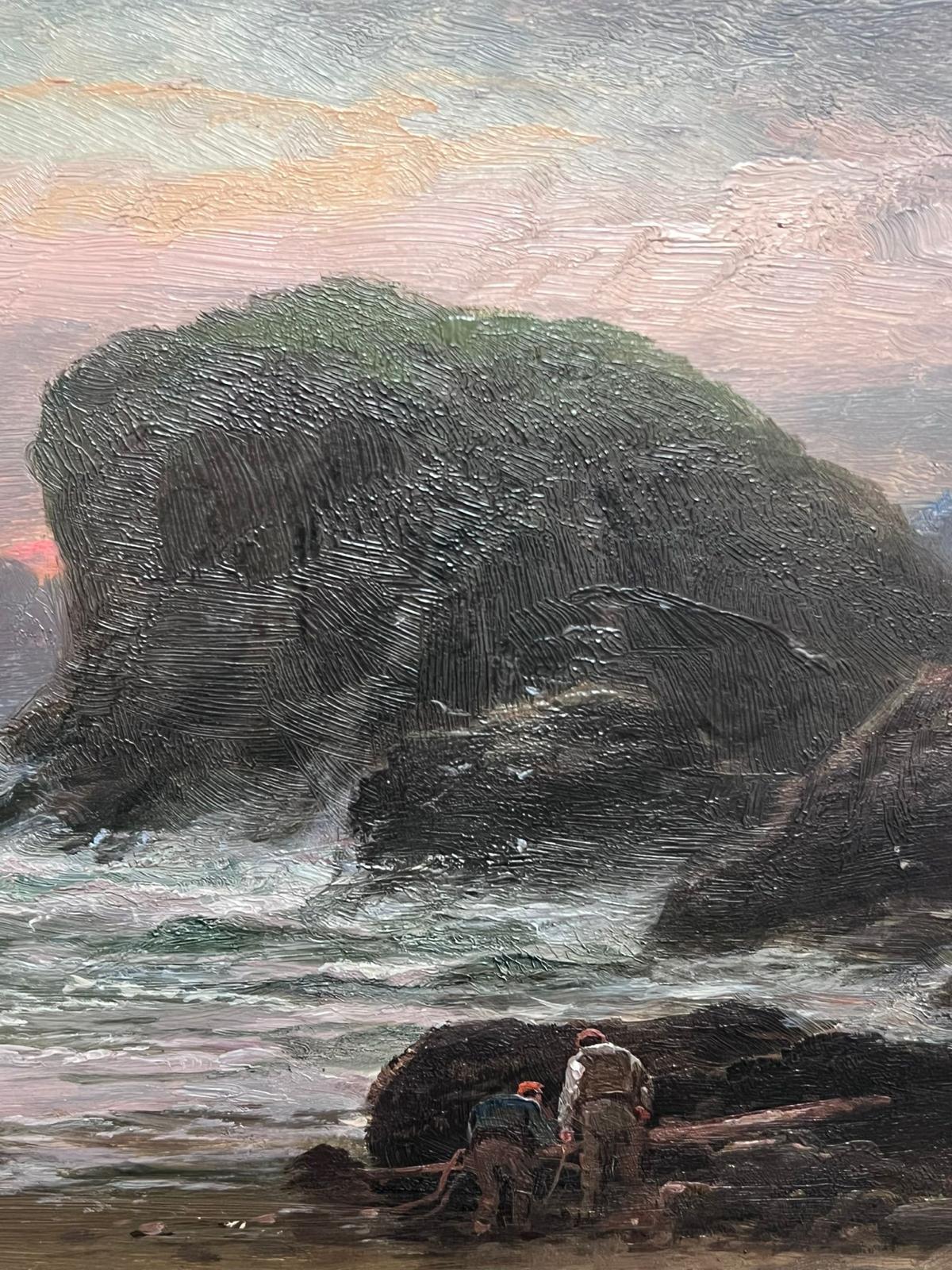 Antique Cornish Oil Painting Sunset Over Rocky Shores Figures Collecting Fish For Sale 2